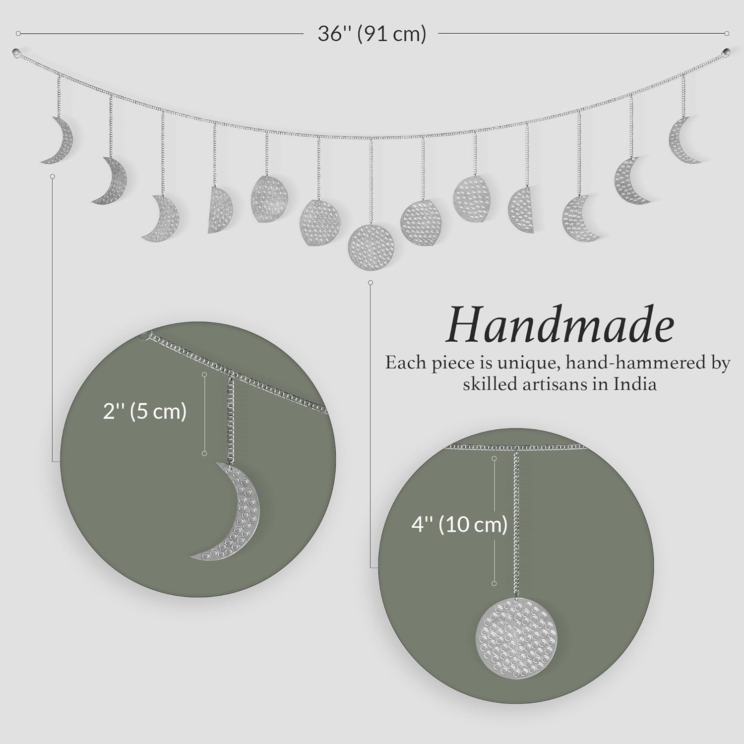Décoration murale phase de lune,art mural doré pour chambre, style bohème, guirlande murale en métal de 91 cm (13 phases de la lune),argent - 5