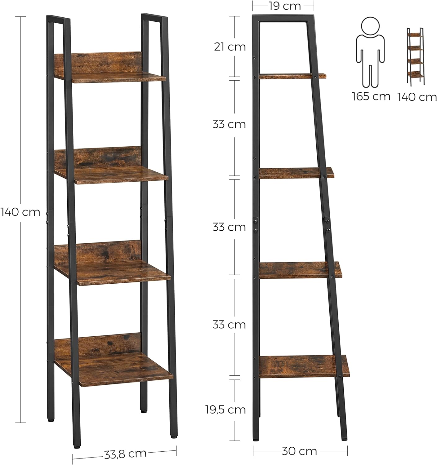 Étagère échelle, Bibliothèque à 4 Niveaux, Meuble de Rangement sur Pied, Facile à Assembler, Style Industriel, Marron Rustique et Noir - 5