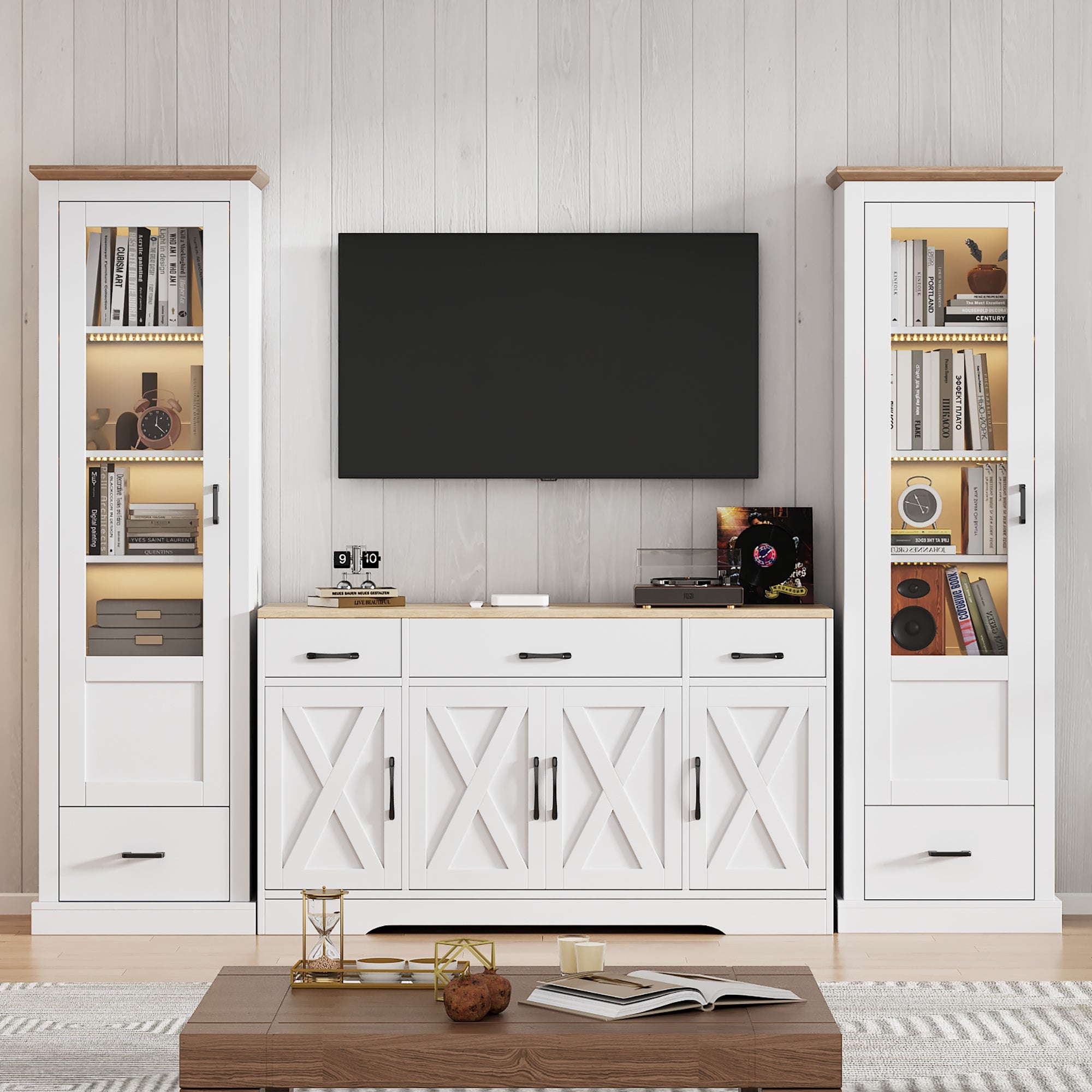 Zestaw szafek RTV z 2 witrynami - 160x37x75 cm + 50x35x178 cm - diody LED - płyta wiórowa - biały