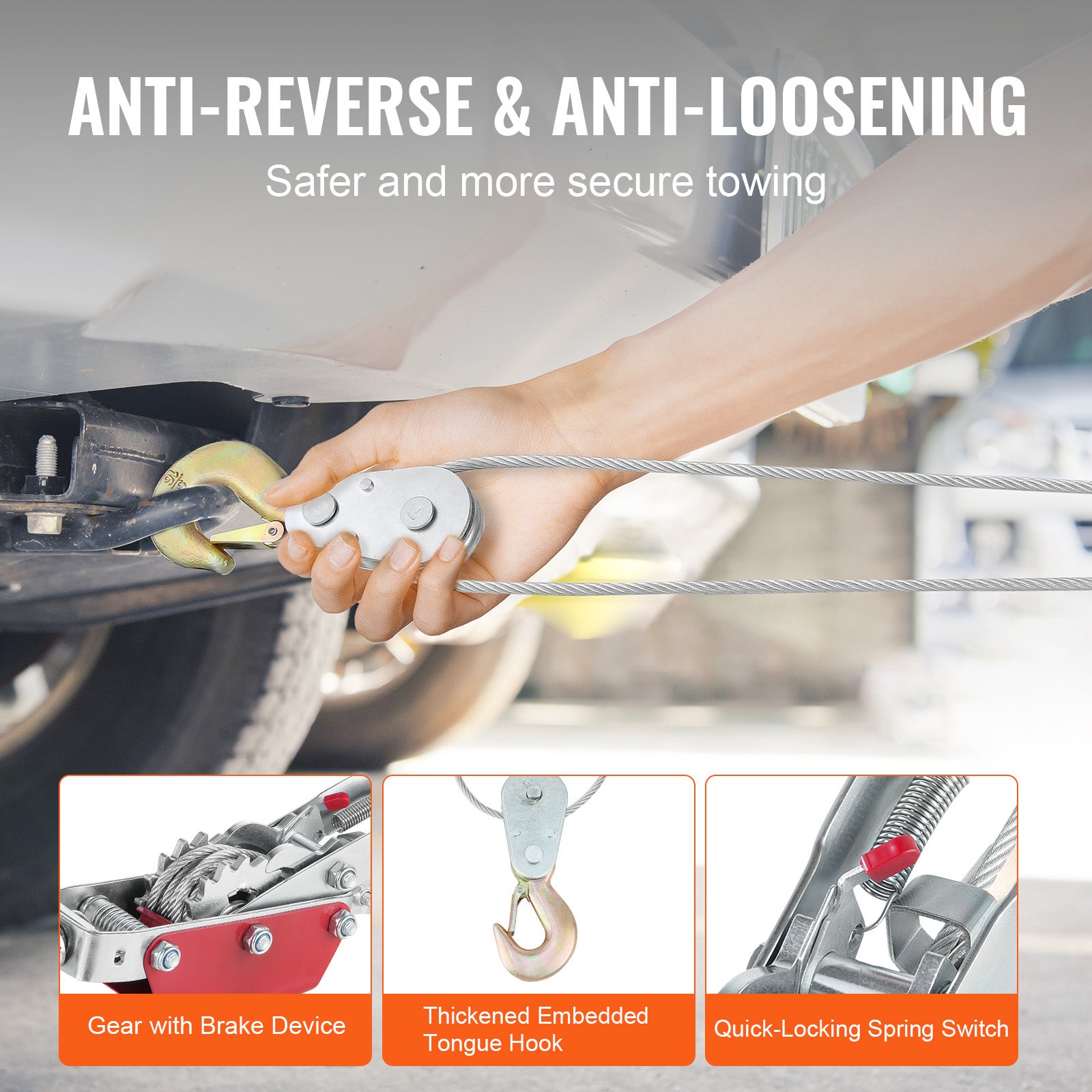 Guincho Forte VEVOR 4 Toneladas,Manual com 3 m de Corda de Aço e 3 Ganchos,Ferramenta de Doble Engrenagem,Resgate de Veículos - 5