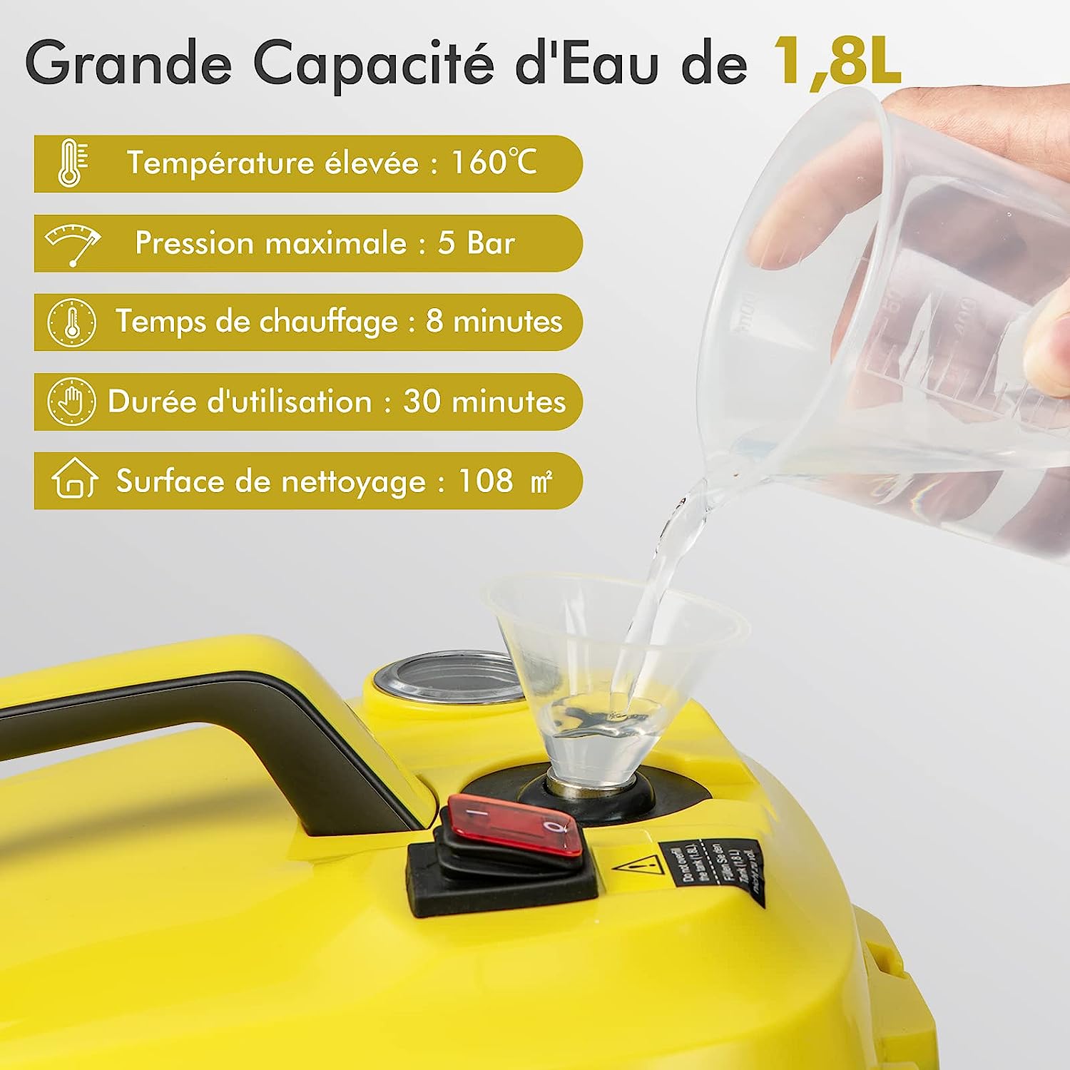 Nettoyeur Vapeur Polyvalent de 2000W avec 15 Accessoires et Manomètres, Balai Vapeur à Roulettes 5 Bars avec Réservoir de 1,8 L, Jaune - 4