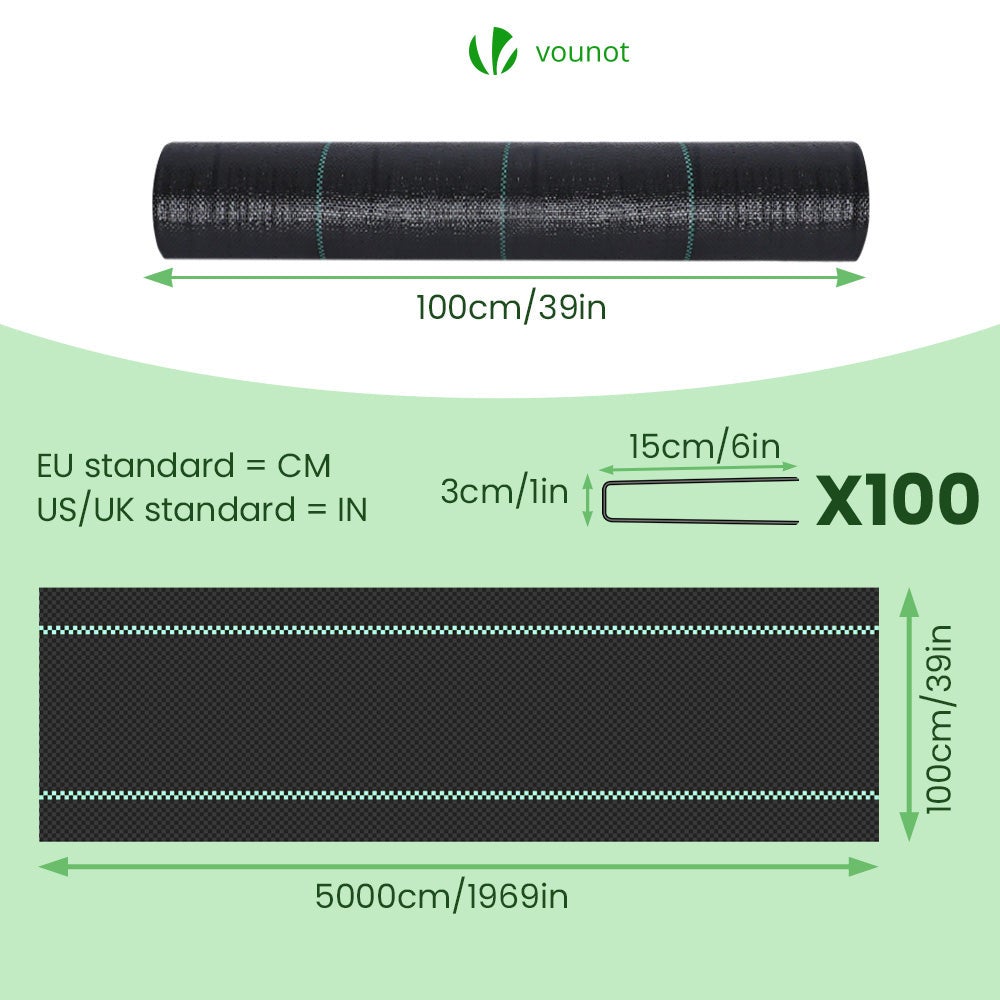 VOUNOT® Telo Pacciamatura 1m x 50m 100g/m², con 100 Picchetti a U, Telo Anti Erbacce per Orto, Giardino, Stabilizzazione UV, Nero - 2