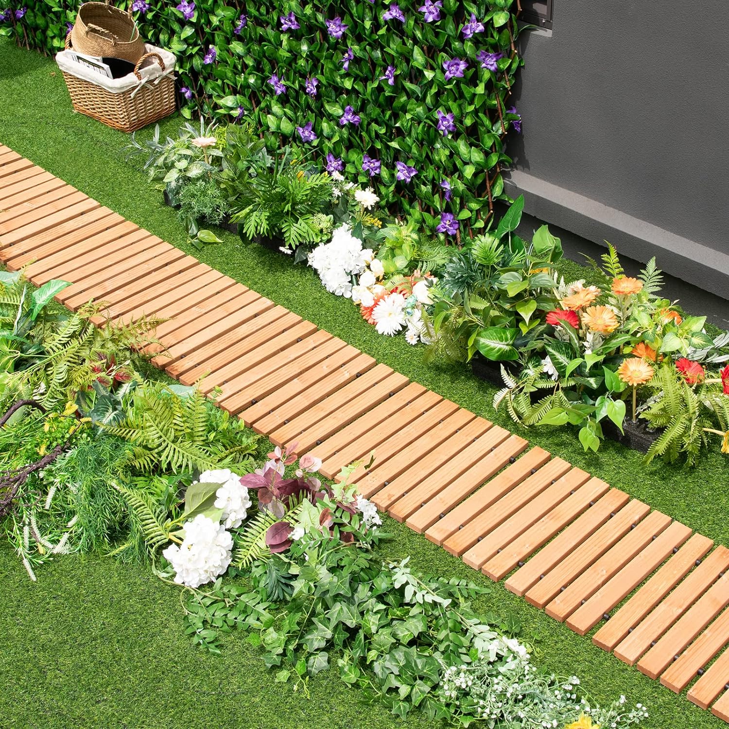 Allée de Jardin en Bois de 245 cm, Allée Droite Extérieure Résistante aux Intempéries avec Fil d'Acier et Texture Antidérapante, 245 x 43 cm - 9
