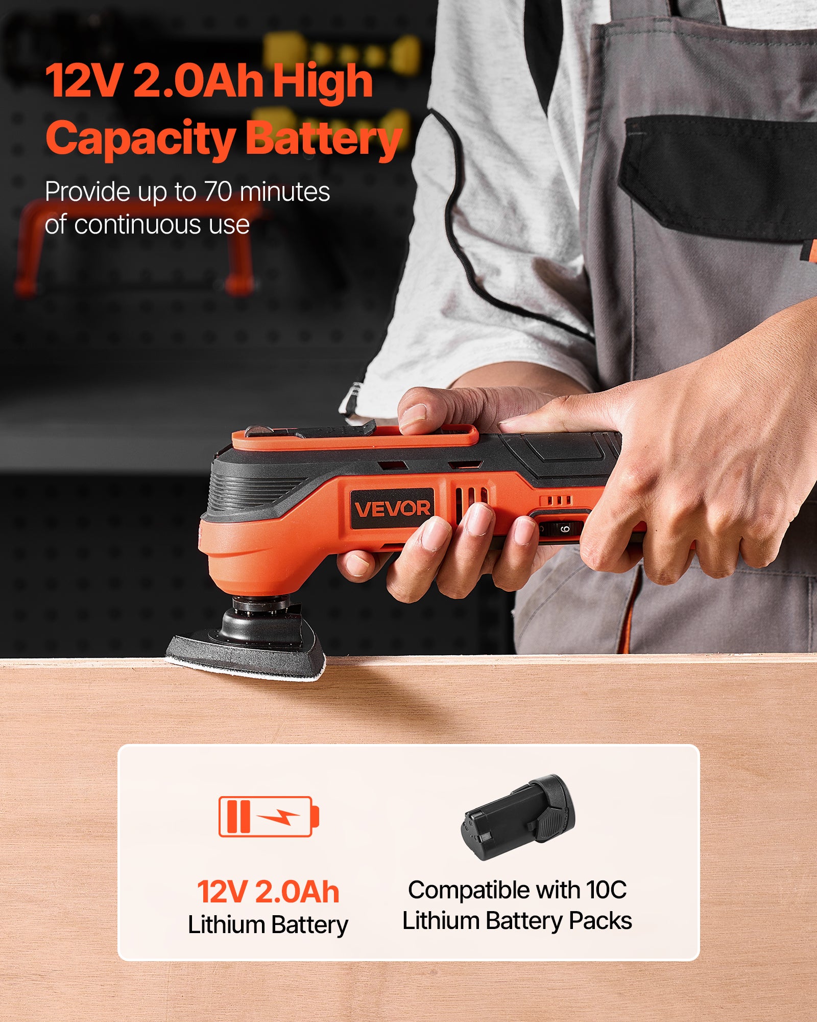 Outil multifonction oscillant VEVOR 12V sans fil, 6 vitesses 6000-17500 tr/min, angle 3,2°, batterie 2Ah, chargeur, pour ponçage/coupe - 4
