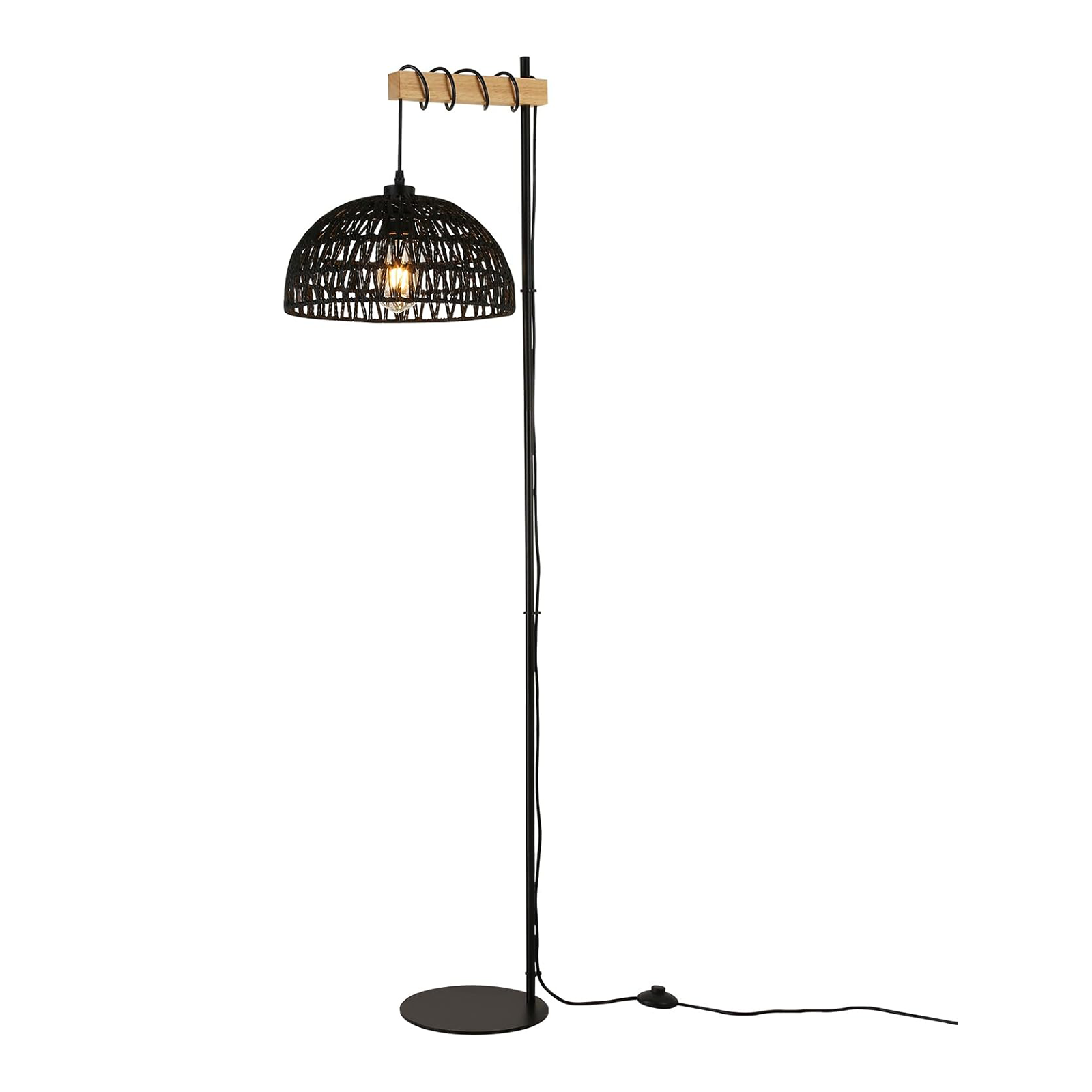 Alpinaluz Lampada Da Terra In Nero Con Paralume In Vimini A Sospensione – Altezza Regolabile, Stile Boho - 2