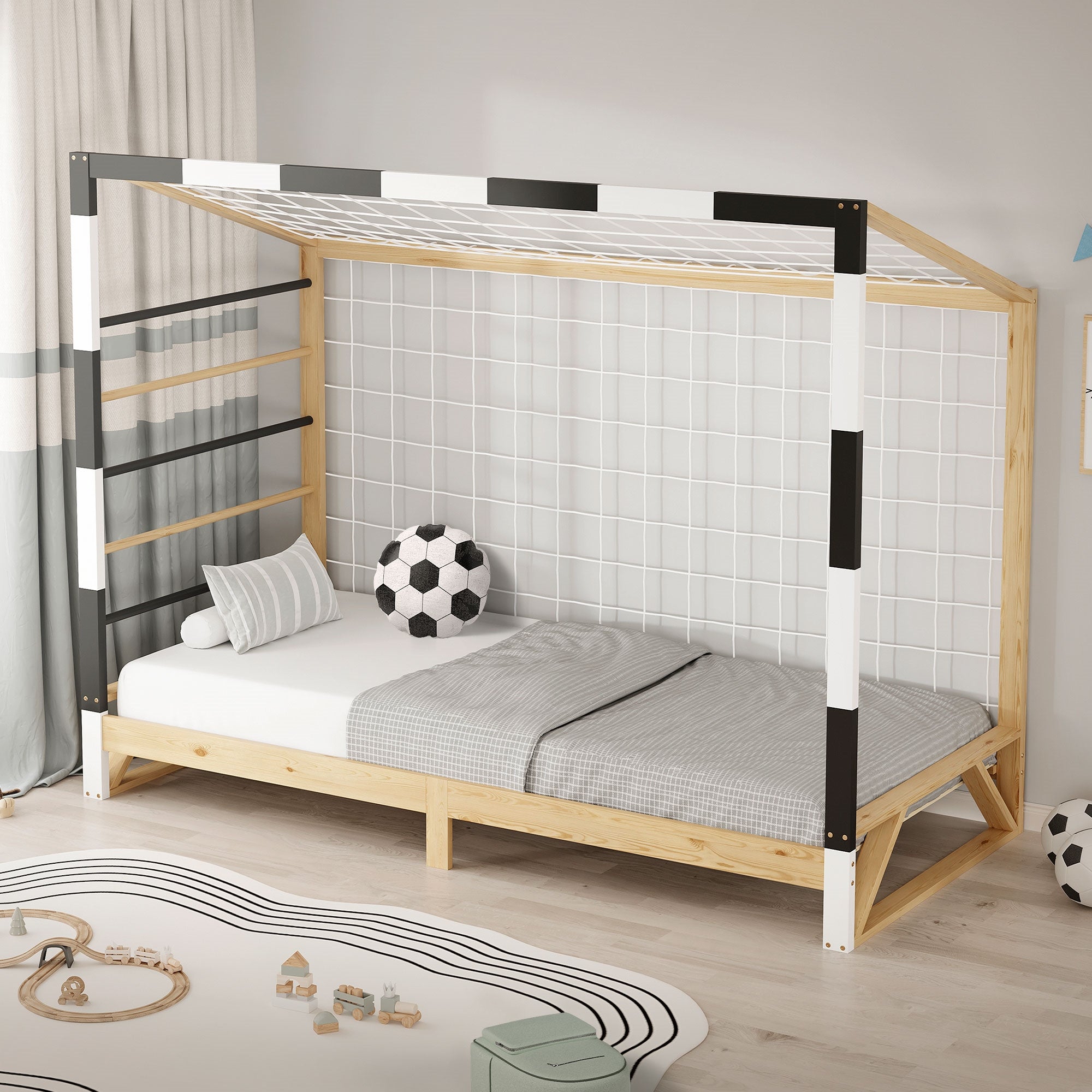 ML-Design łóżko dziecięce 90x200 cm z bramką futbolową drabinką siatką i sosnową ramą do zabawy i spania jednoosobowe dla chłopców i dziewczynek