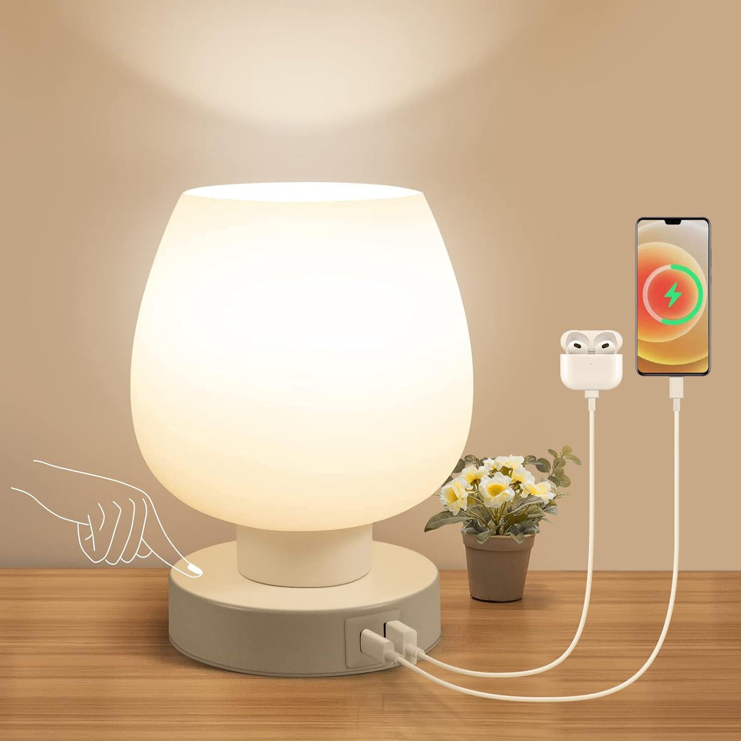 Lampka nocna dotykowa - Mała lampka do sypialni z portami ładowania USB C + A, lampka biurkowa z kloszem z białego szkła opalowego