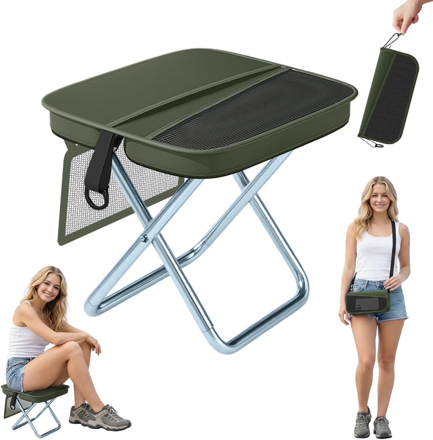 Tabouret De Camping Pliable Gresonic 2-en-1 – 350 G, Sangle De Transport, 3 Poches, Assise 29x22 Cm, Vert, Imperméable Léger