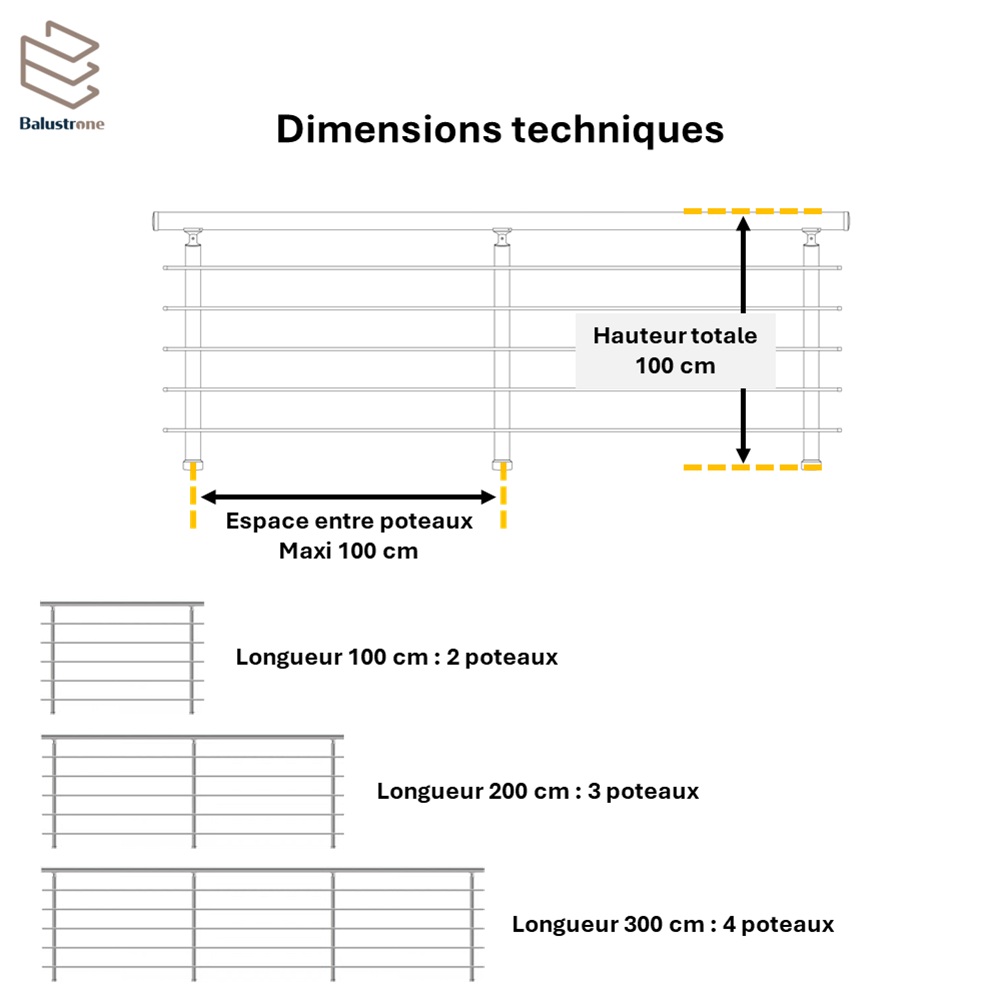 Garde-corps aluminium gris foncé, 2m pose à visser au sol, intérieur et extérieur, PRISTINA 5 lisses, en kit - 6