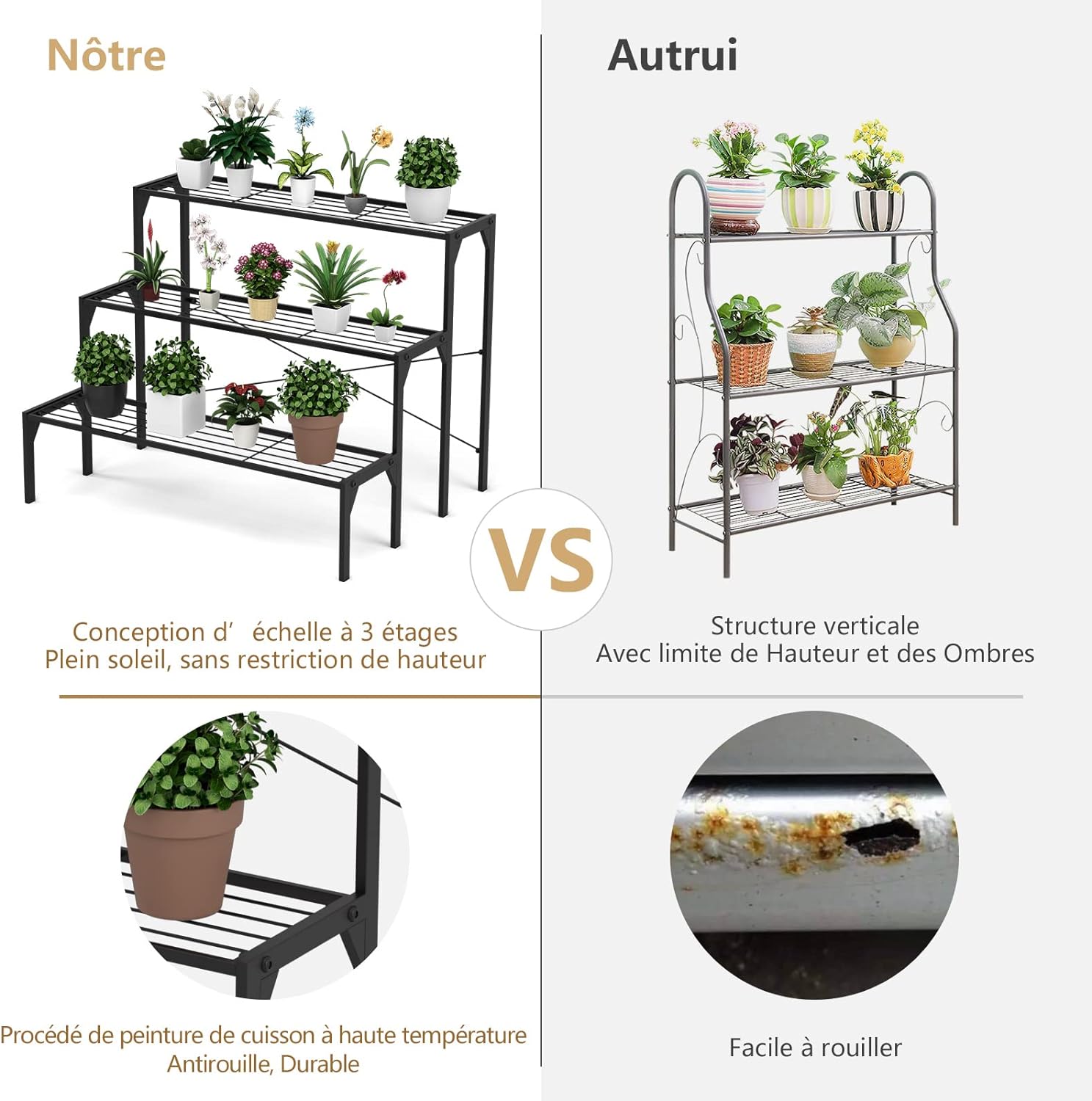 Scaffale Portafiori a 3 Ripiani, Porta Piante da Esterno e Interno a Scala, Scaffale Porta Vasi di Metallo per Balcone, Soggiorno e Giardino - 5