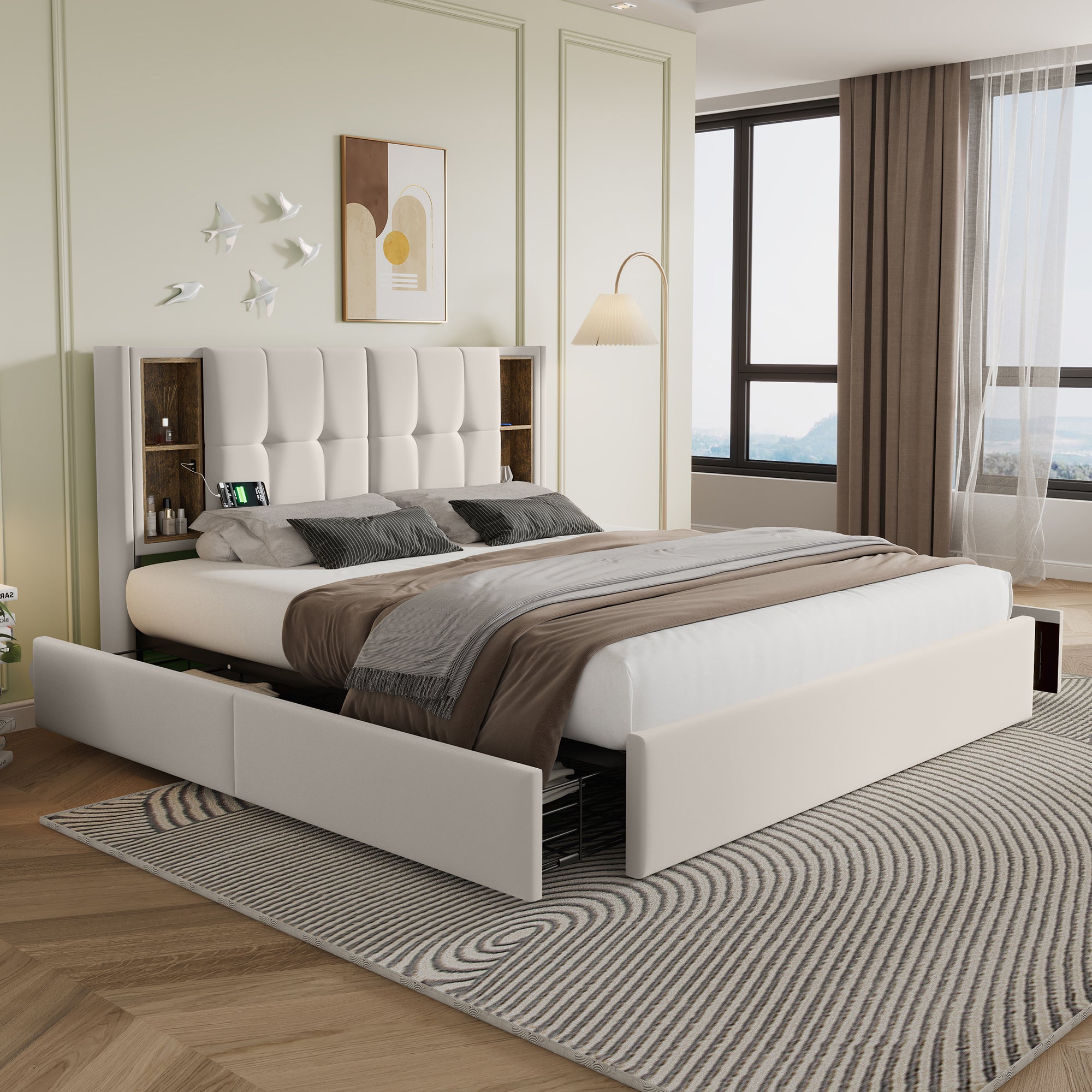 Łóżko podwójne 160 x 200 cm z ładowaniem bezprzewodowym USB C i 4 szufladami - aksamitne - beżowe