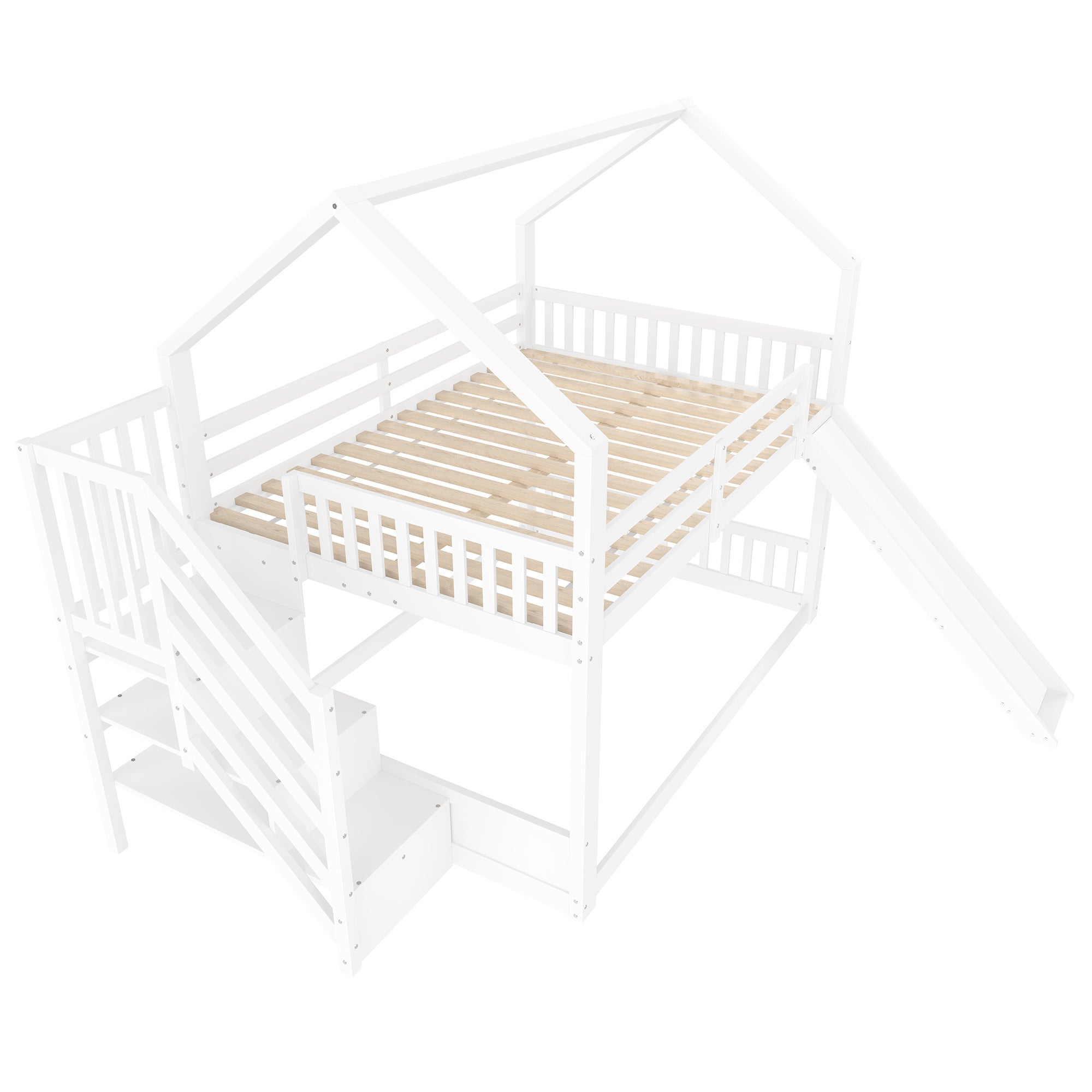 Lit superposé 140x200cm avec escalier de rangement et toboggan, lit d'enfant avec barrières, blanc - 6