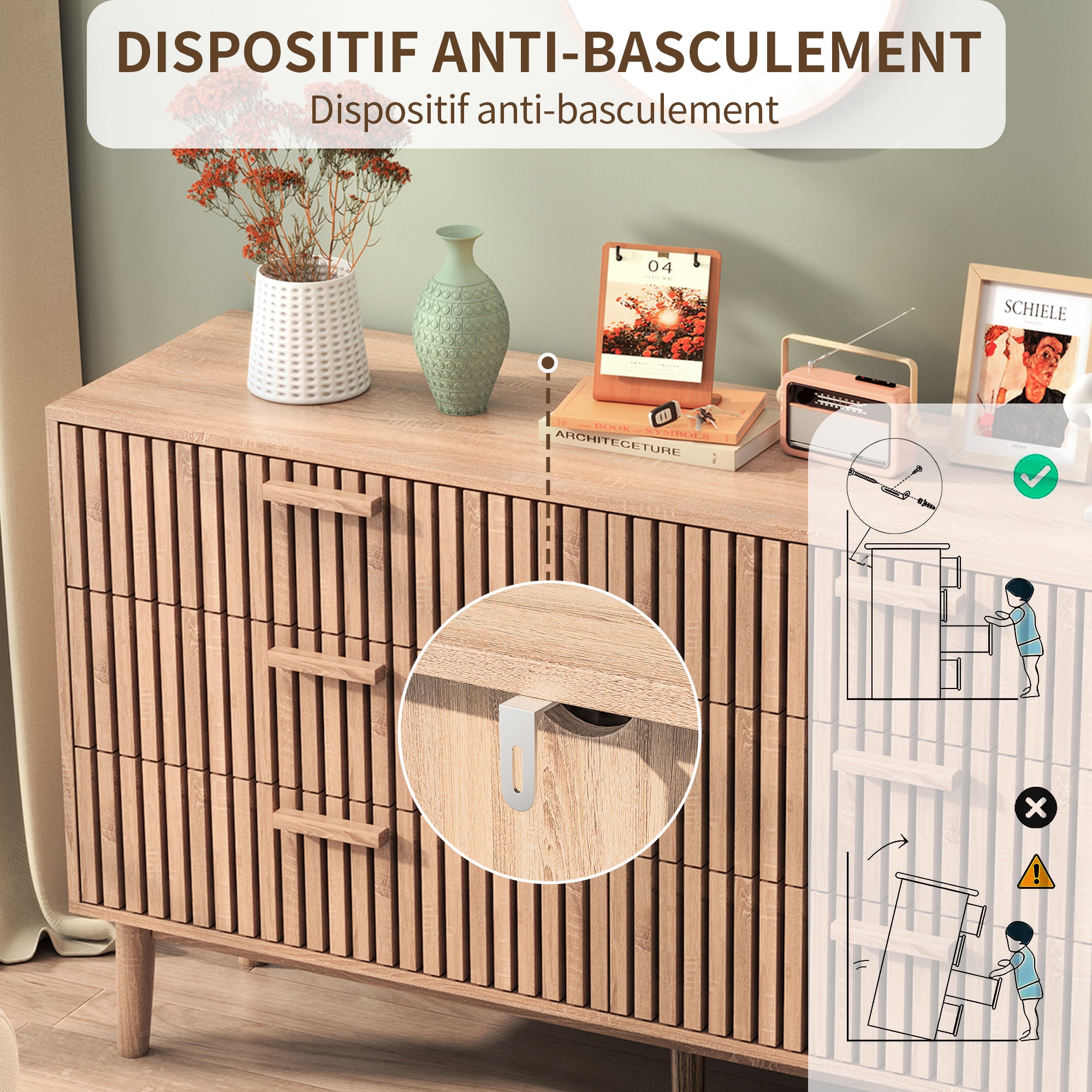 Commode, 6 tiroirs, pieds antidérapants et Panneau respirant, convient aux salons et aux chambres, 100x73x34 cm - couleur bois naturel - 5