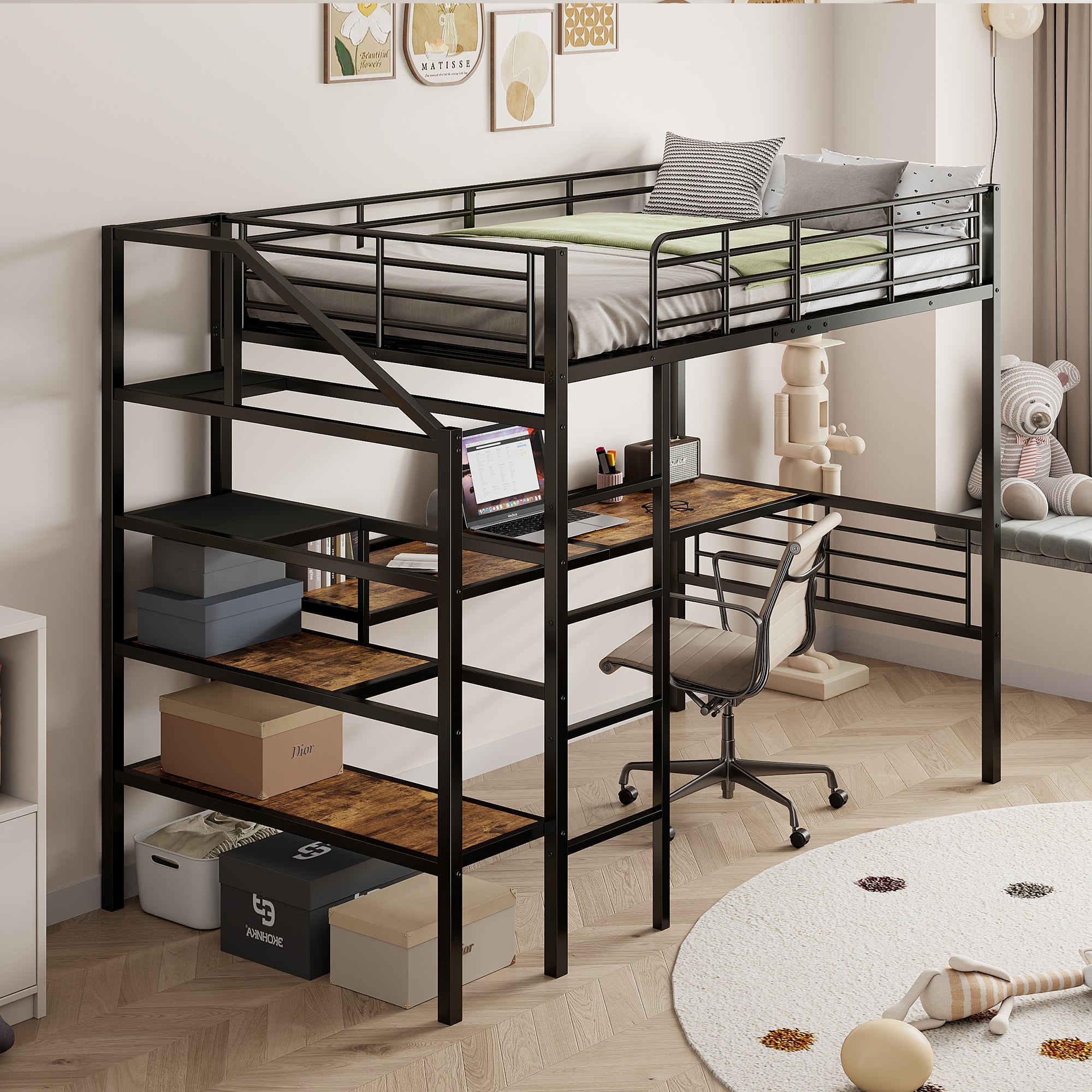 Lit Mezzanine Enfant Lit Adulte 90 X 200 Cm En Fer Avec Bureau Marches