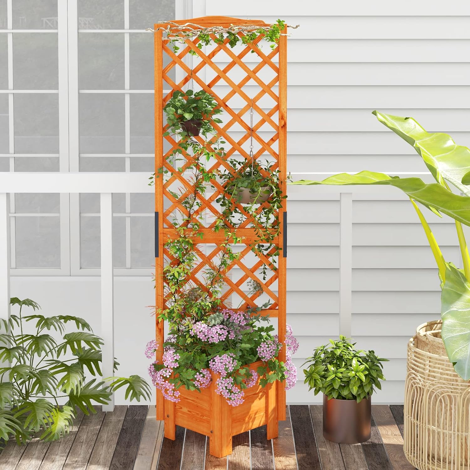 Jardinière avec Treillis 180 CM en Bois, avec Trou de Drainage pour Plantes Grimpantes, Fleurs, Jardinière pour Cour, Jardin, Balcon - 9