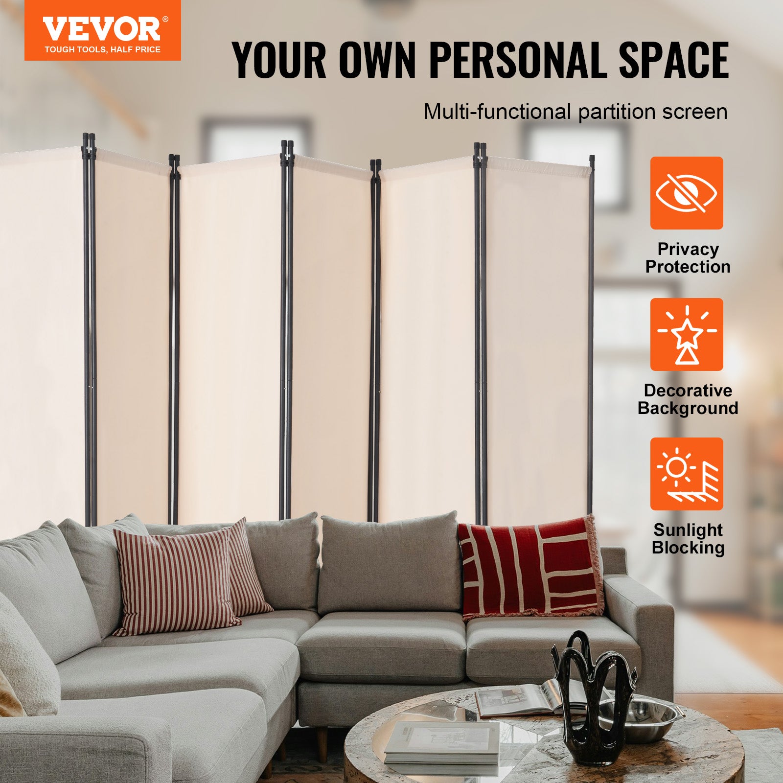 Paravent Multifonctionnel VEVOR 6 Panneaux,Cloison Séparatrice 311 x 180,5 cm,Pliable,Brise-vue pour Bureau,Chambre,Salon,Beige - 2