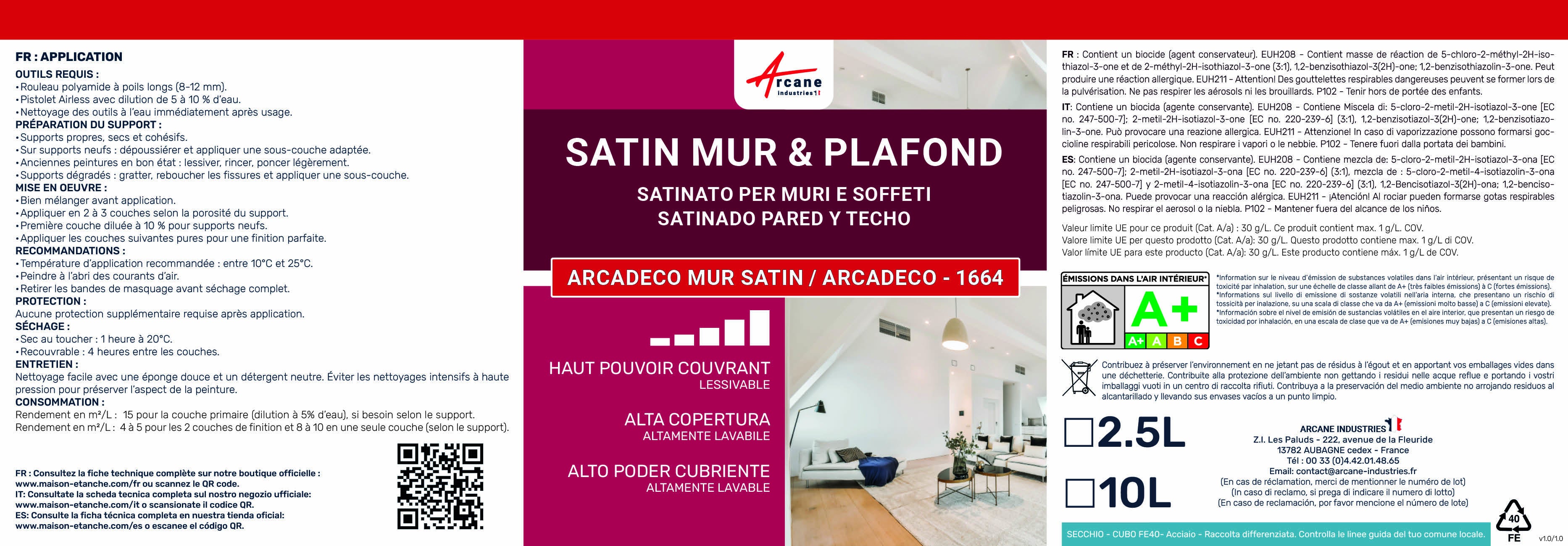 Peinture mur et plafond Arcadéco | Peinure acrylique satinée ultra couvrante - 2.5 L Blanc Crème - RAL 9001 - ARCANE INDUSTRIES - 7
