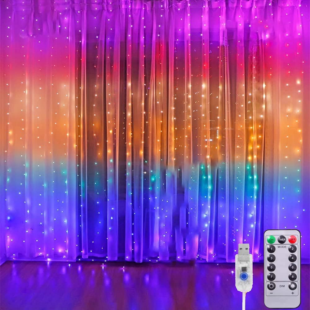 Kurtyna Świetlna, Kurtyna LED USB 300 LED 3M*3M, Dekoracja Okna, Boże Narodzenie, Ślub, Urodziny, Dom, Patio, Wodoodporna IP65 (Multikolor)