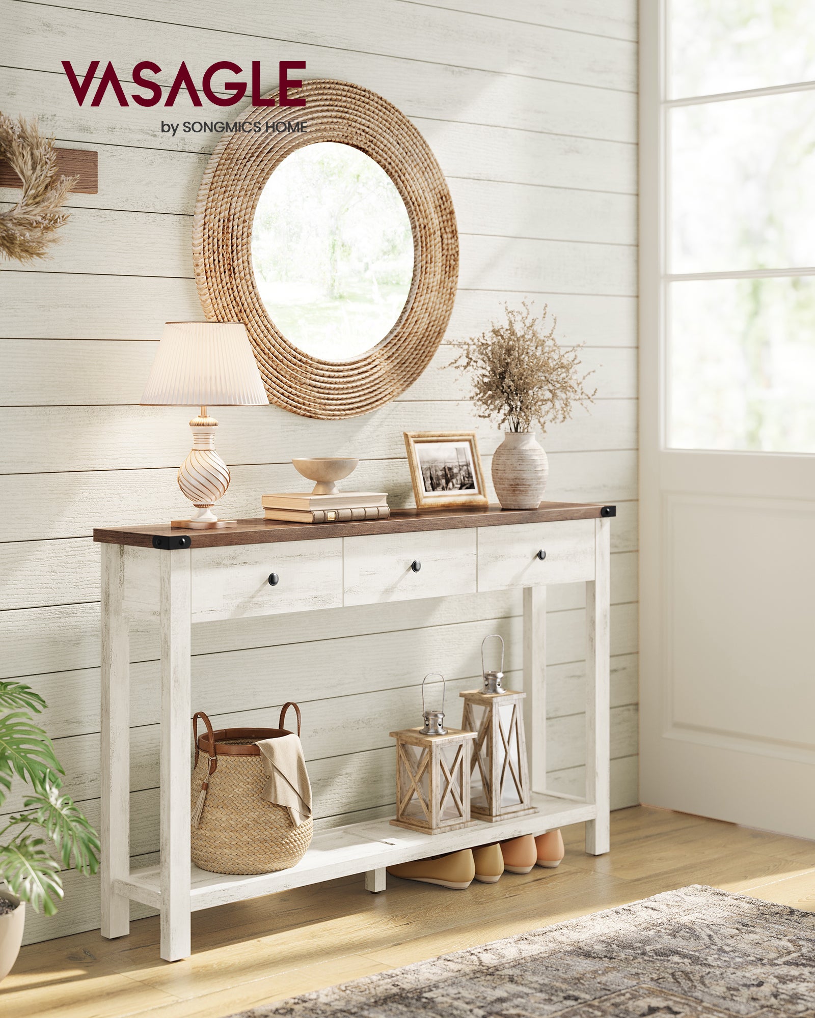 Table Console, Table d'Entrée avec 3 Tiroirs et Étagère de Rangement, pour Entrée, Salon, Style Campagnard, Marron Miel et Blanc Rustique - 2