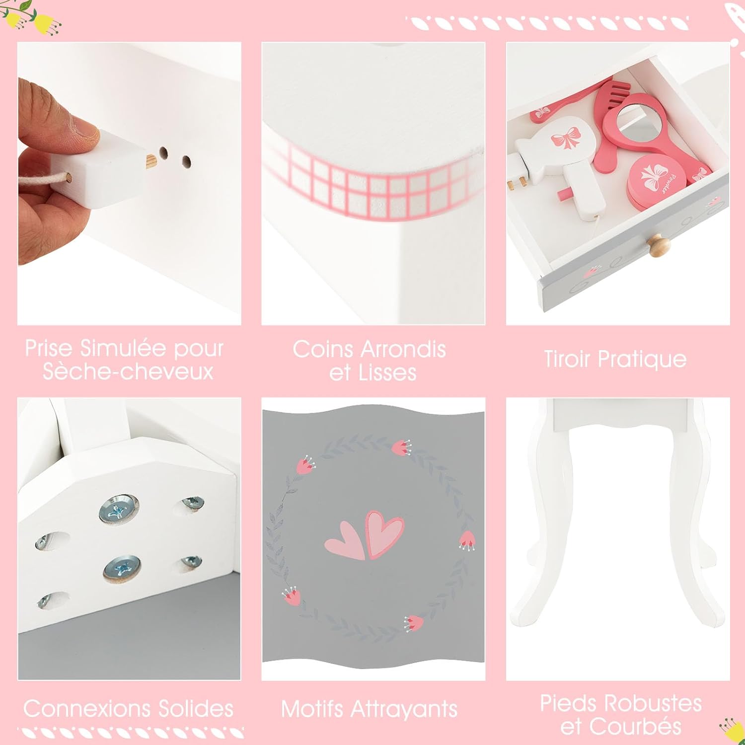 Toeletta Trucco 2 in 1 per Bambina, Specchiera Staccabile per Ragazza in Legno con Sgabello, Cassetto e Giocattoli, Postazione Trucco per 3 An - 4