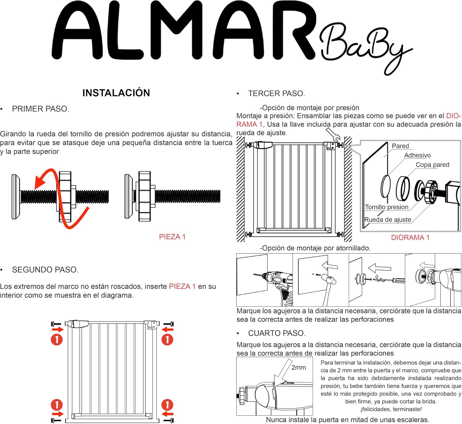 ALMAR Baby Barrera de Seguridad 67-74cm Blanco | Facil Montaje sin Tornillos para Puertas, Pasillos o Escalera para Niños o Mascotas - 9