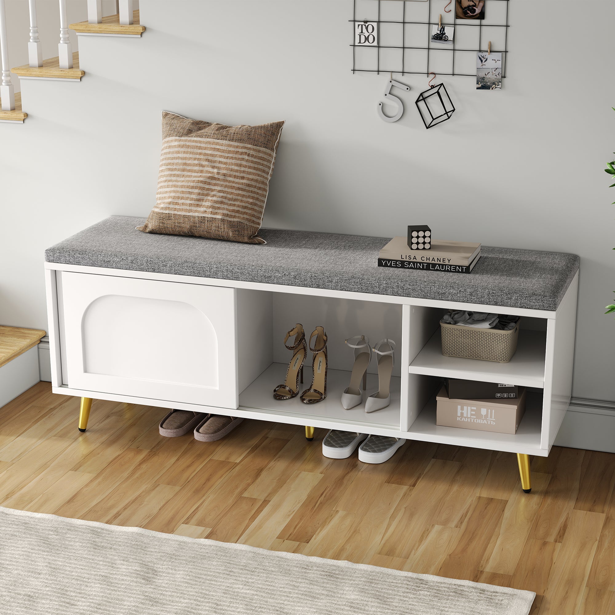 Szafa na buty 121x35x49cm - z poduszką - drzwi przesuwne i otwarte półki - biały - 4