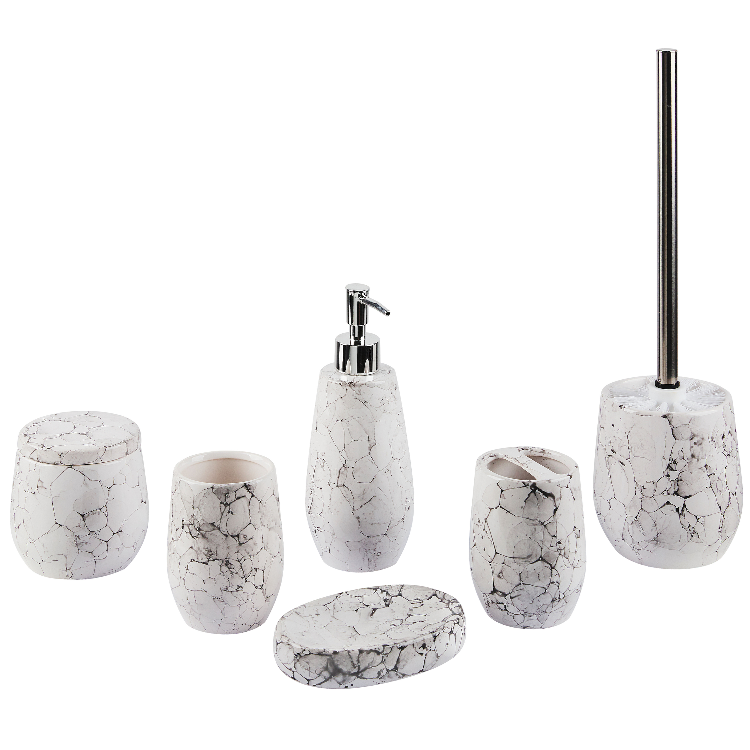Set Accessori Bagno 4 Pezzi In Ceramica Effetto Marmo - Portaspazzolino, Dispenser Sapone, Bicchiere, Portasapone - Foto 6