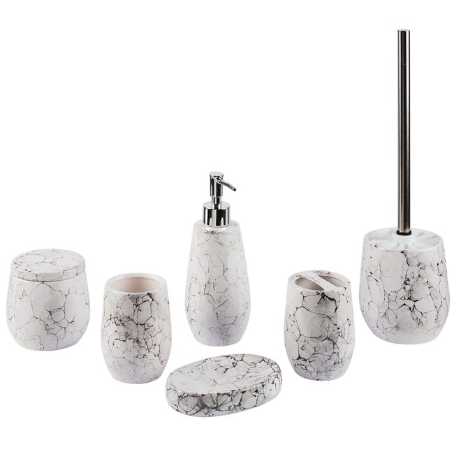 Set Accessori Bagno 4 Pezzi In Ceramica Effetto Marmo - Portaspazzolino, Dispenser Sapone, Bicchiere, Portasapone - Foto 6