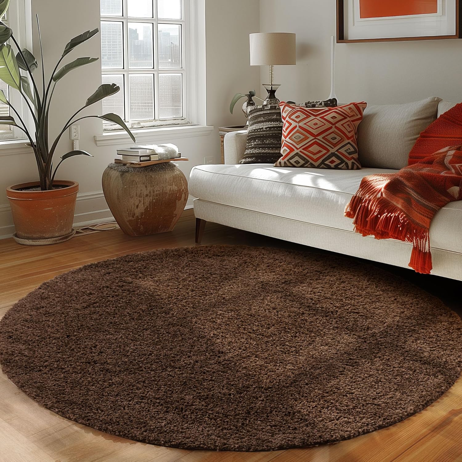 SHAGGY - Tapis Uni Rond - Marron 120 x 120 cm - 2
