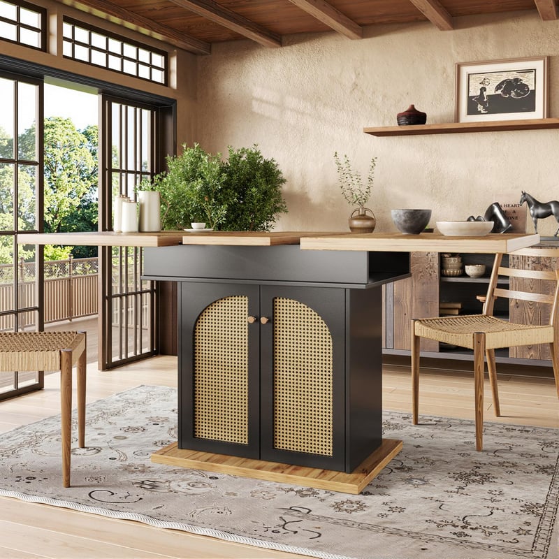 Rozkładany stół jadalniany 110-140×80 cm z miejscem do przechowywania PE Rattan, kuchnia, salon dla 4-6 osób