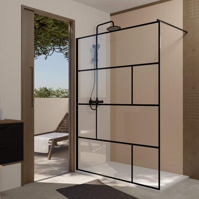 Paroi de Douche Serigraphie Briques 140x195cm - Verre Anticalcaire 8mm - Profilé Noir Mat