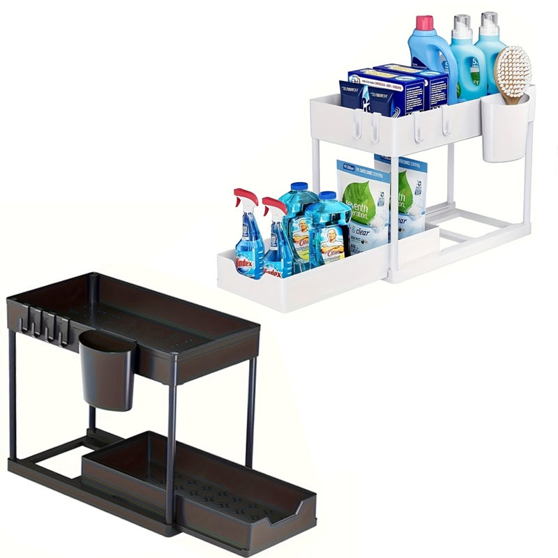Zestaw 2 organizerów pod zlew do 2-poziomowego przechowywania w kuchni z 4 haczykami, 1 wiszącym kubkiem, organizer do szafki kuchennej