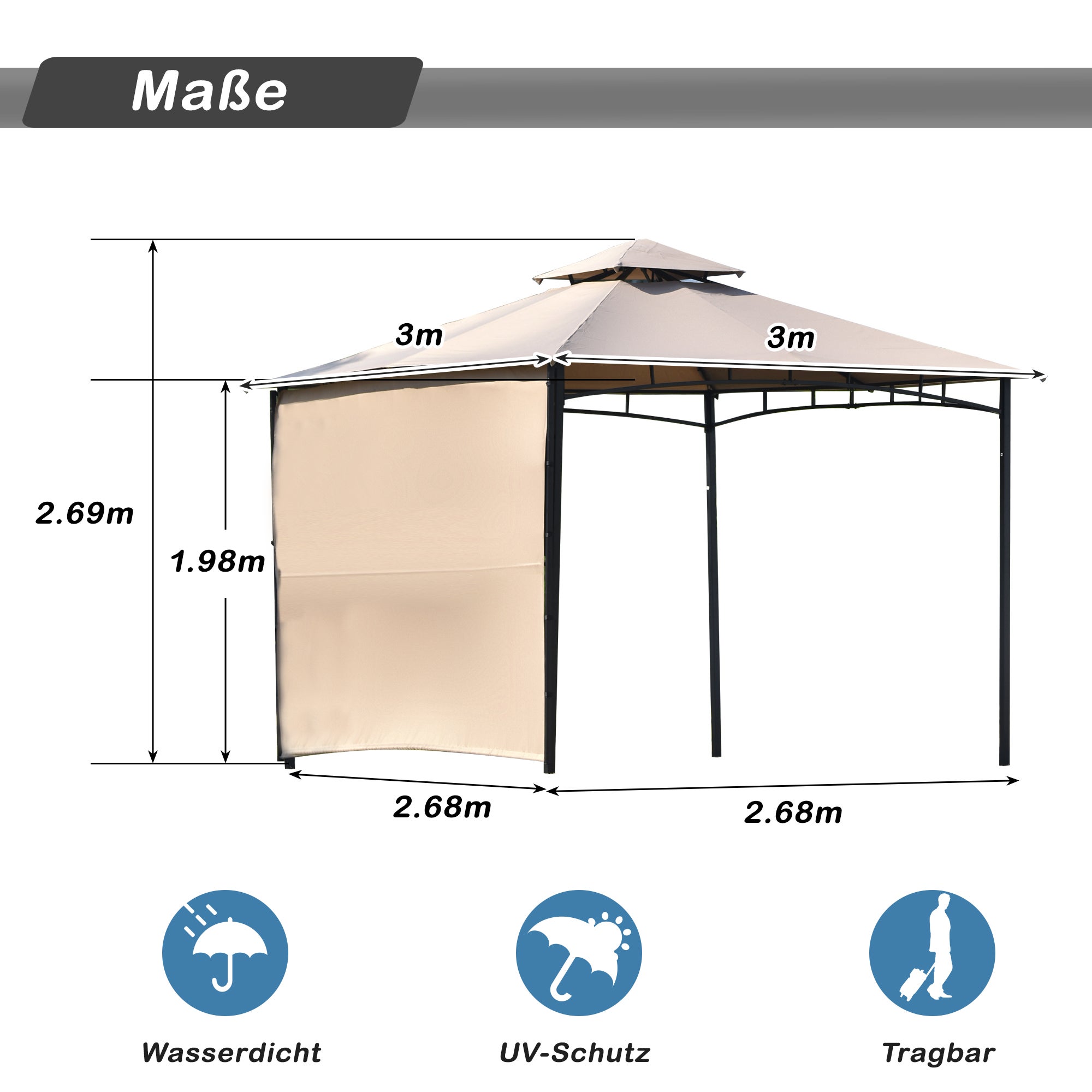 Gazebo de terrasse Grande zone couverte avec panneau latéral en acier enduit de poudre Toit résistant avec revêtement hydrofuge 180 g/m² 3 m x 3 m x 2 - 3
