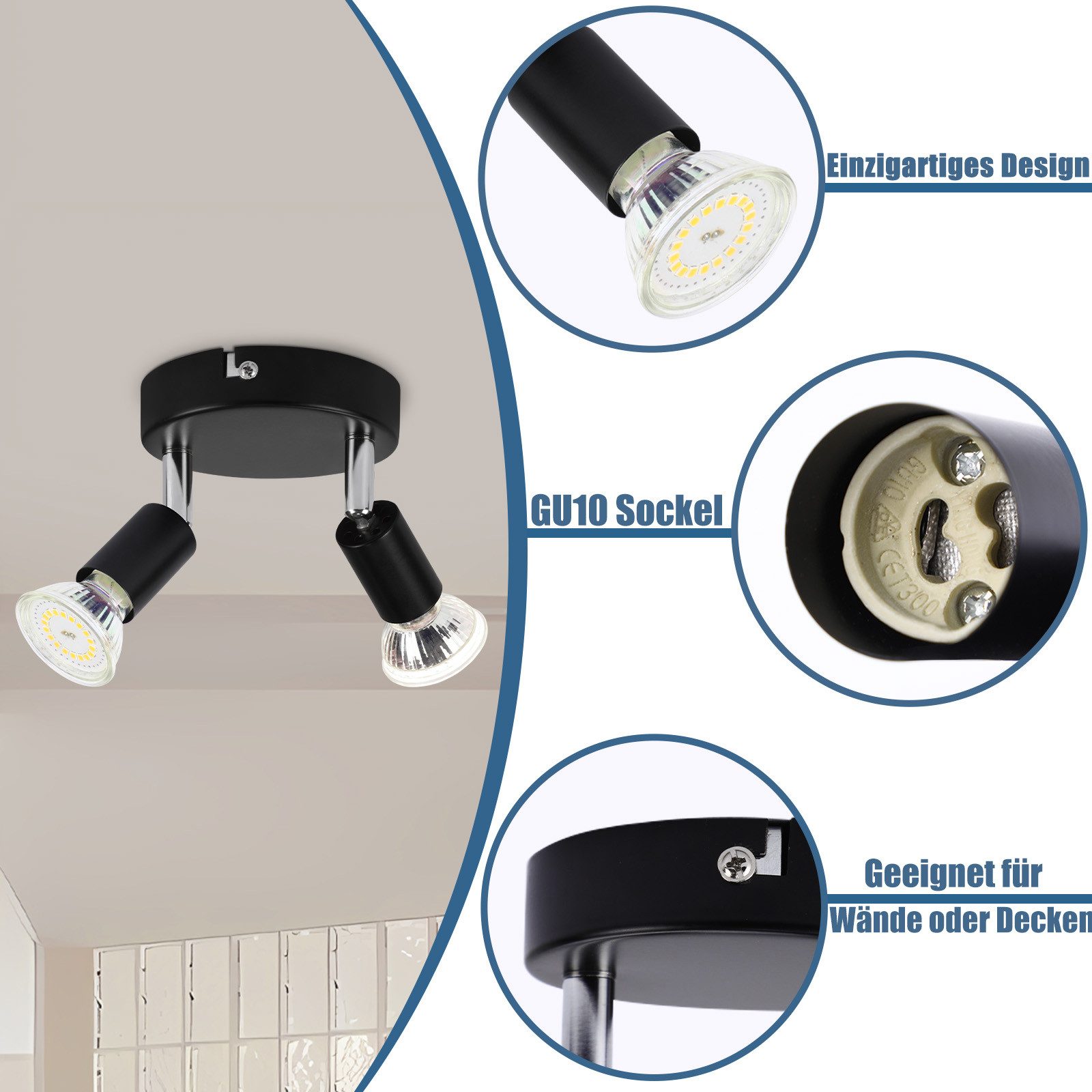 NETTLIFE Spot de plafond LED noir 2 ampoules orientable 350° GU10 industriel - 7