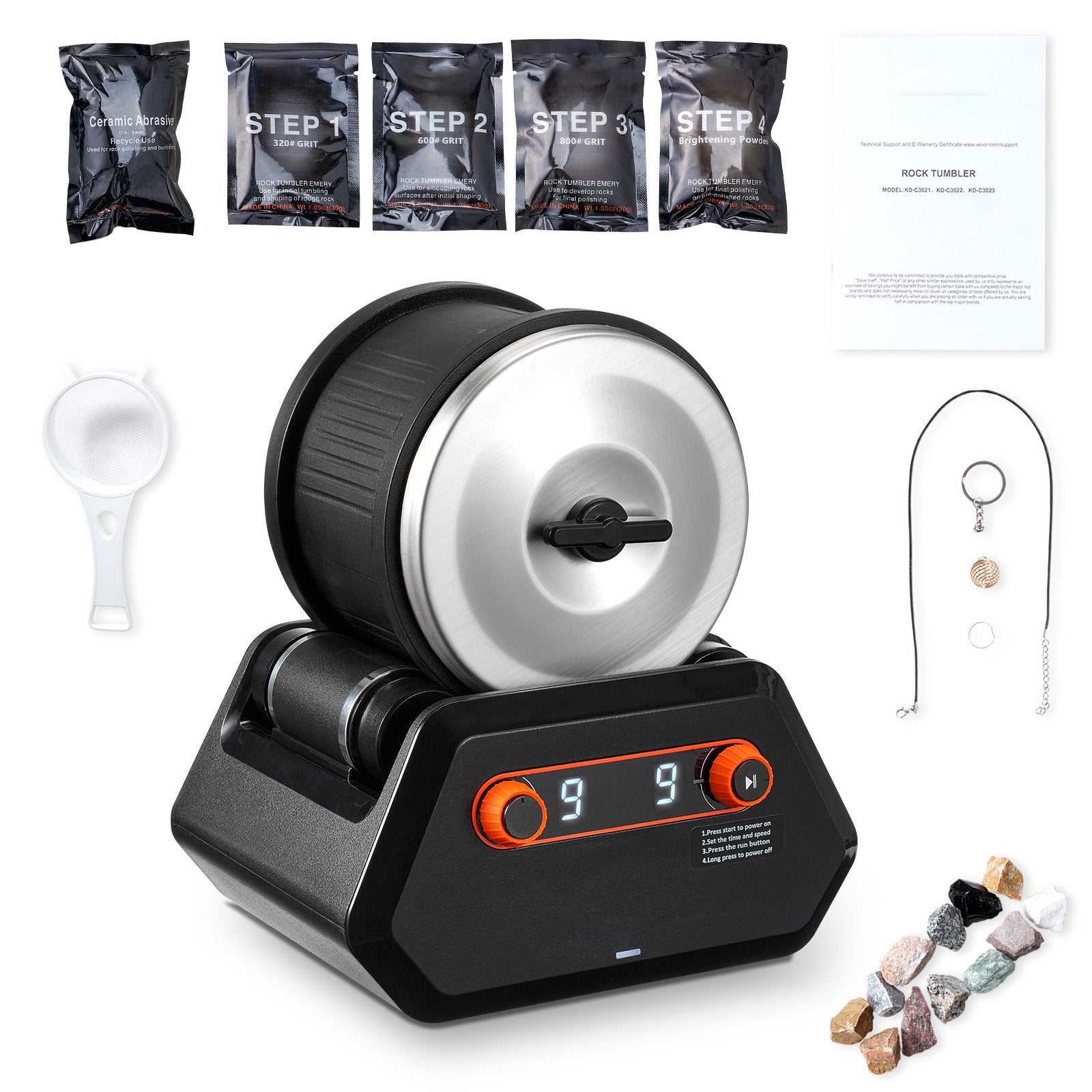 Huanyu Rock Tumbler Polissage de Pierres avec charge maximale 1,8 kg, moteur à 9 vitesses, minuterie de 9 jours, polisseuse rotative avec accessoires