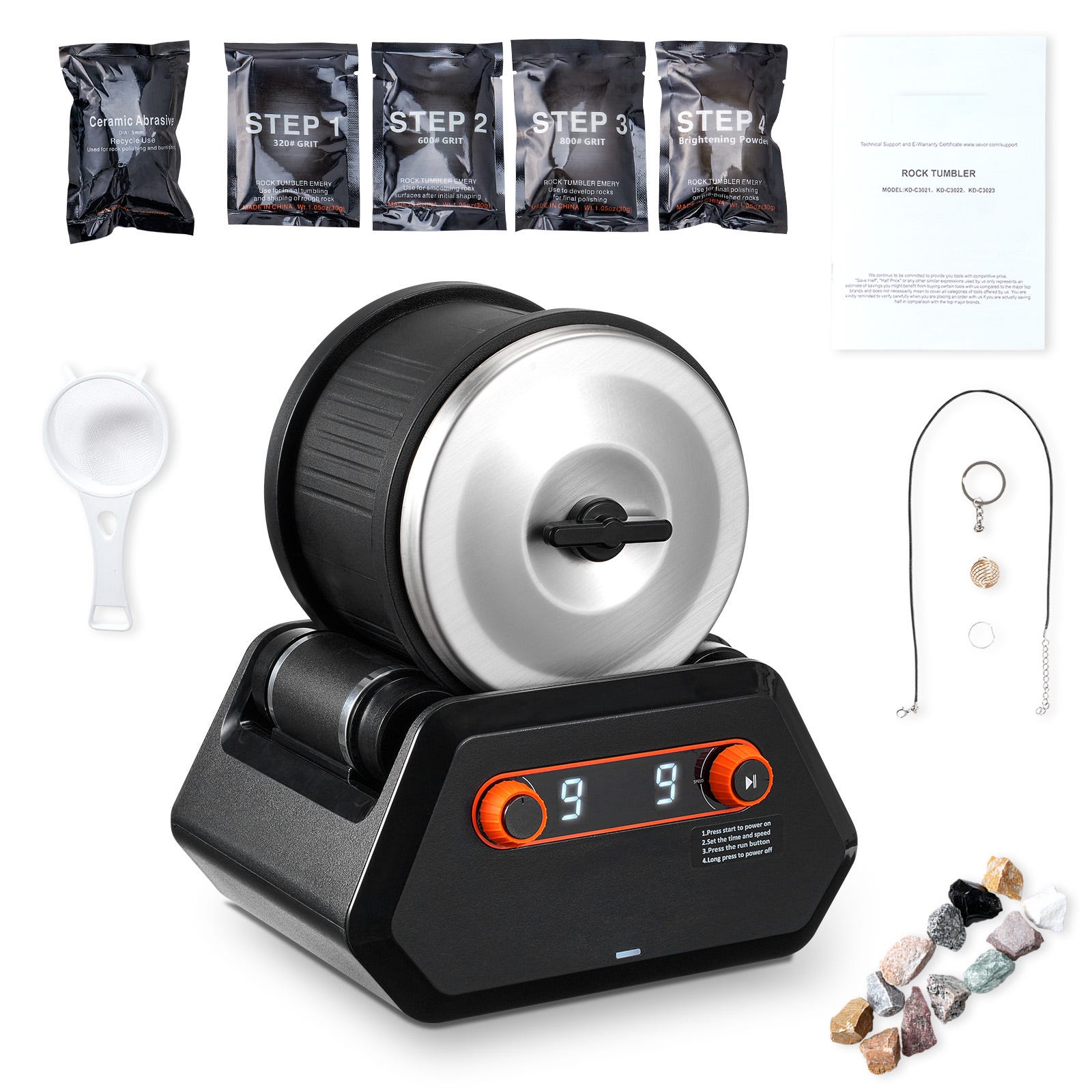 Huanyu Rock Tumbler Polissage de Pierres avec charge maximale 1,8 kg, moteur à 9 vitesses, minuterie de 9 jours, polisseuse rotative avec accessoires Huanyu Rock Tumbler Polissage de Pierres avec charge maximale 1,8 kg, moteur à 9 vitesses, minuterie de 9 jours, polisseuse rotative avec accessoires