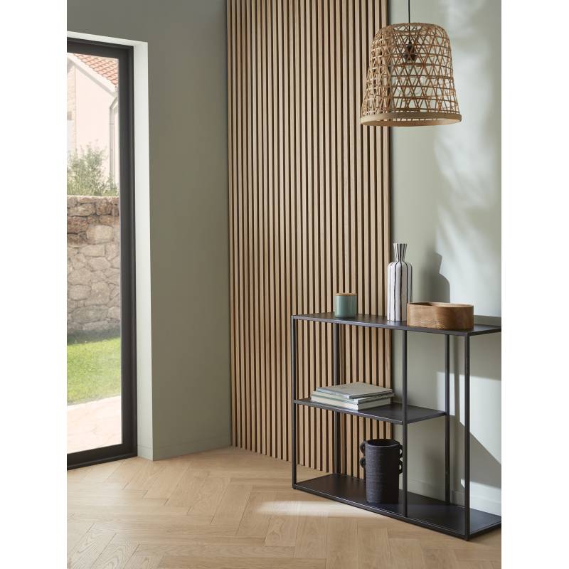 Panneau tasseaux bois 250 x 30 x 1cm - Lamelles chêne clair véritable fond noir - 0,75m² - 6