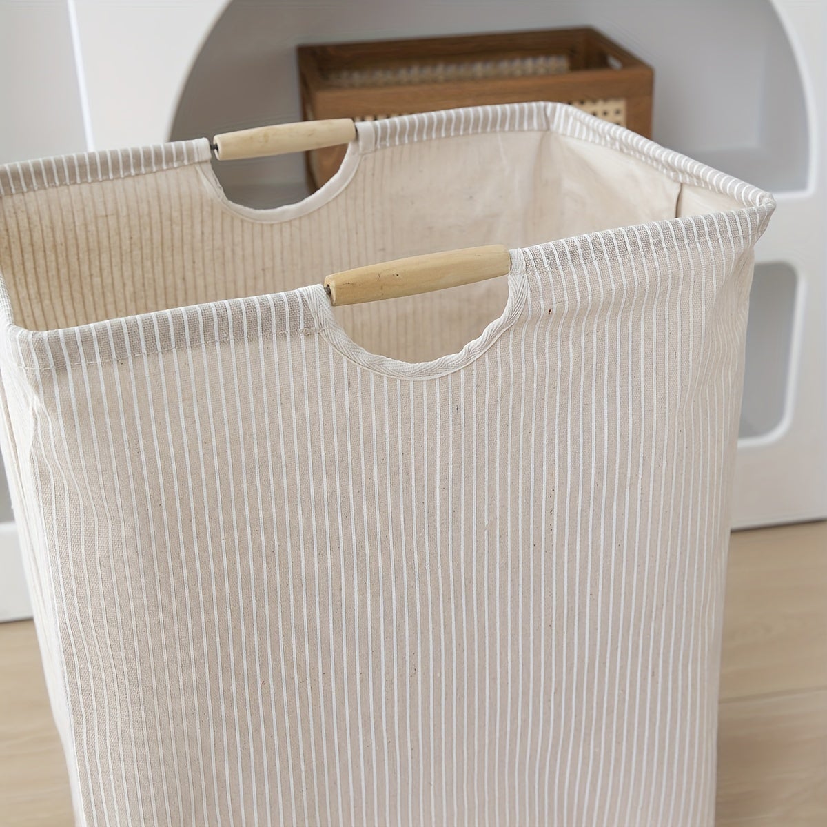 1 panier à linge carré avec poignée, sac de rangement pliable, panier de rangement pour vêtements, lin beige, 40 x 27 x 53 cm - 9