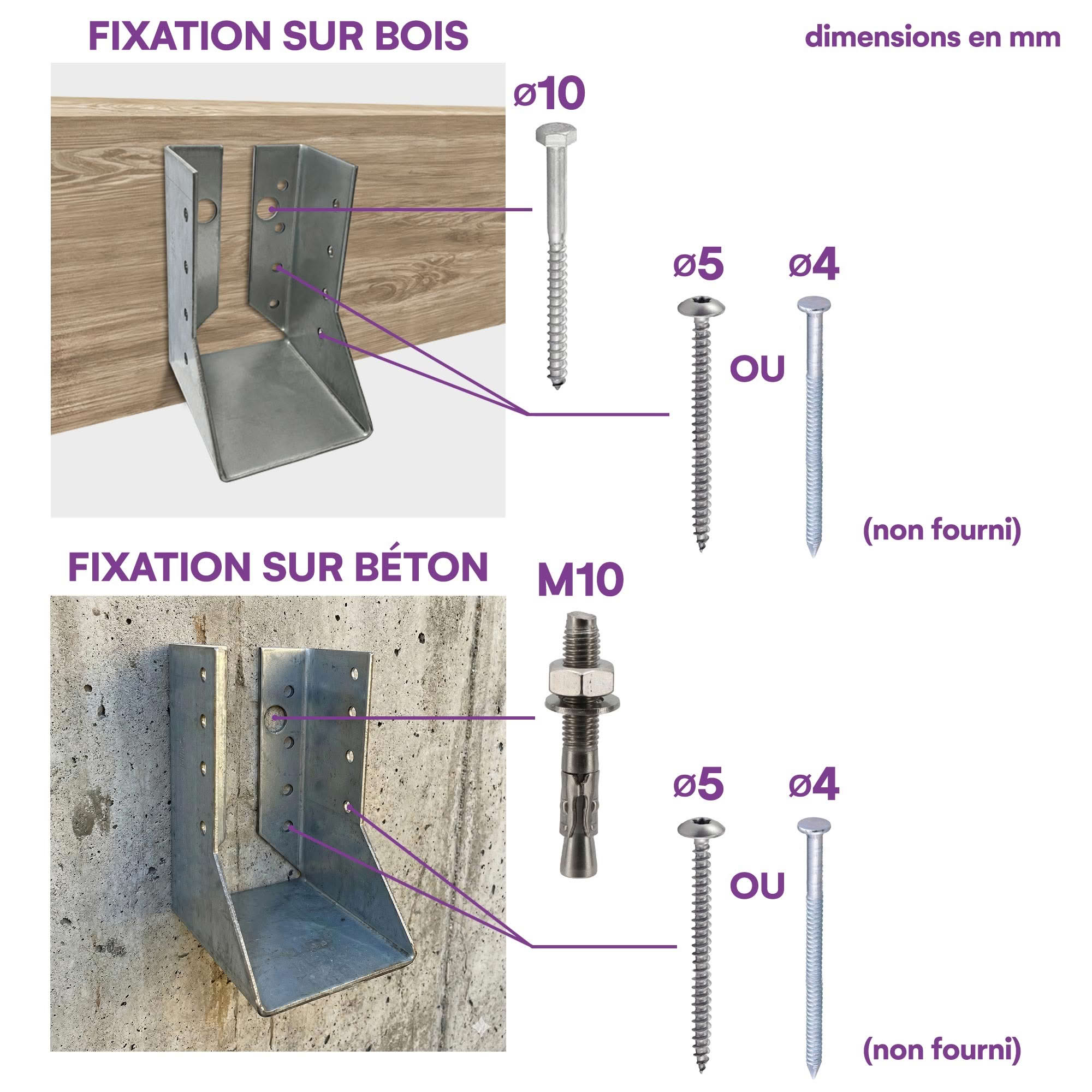 10 sabots de charpente à ailes intérieures - Larg 60 x Ht 100 mm - Connecteurs de poutres - Acier galvanisé - Fabriqué en Europe - 3