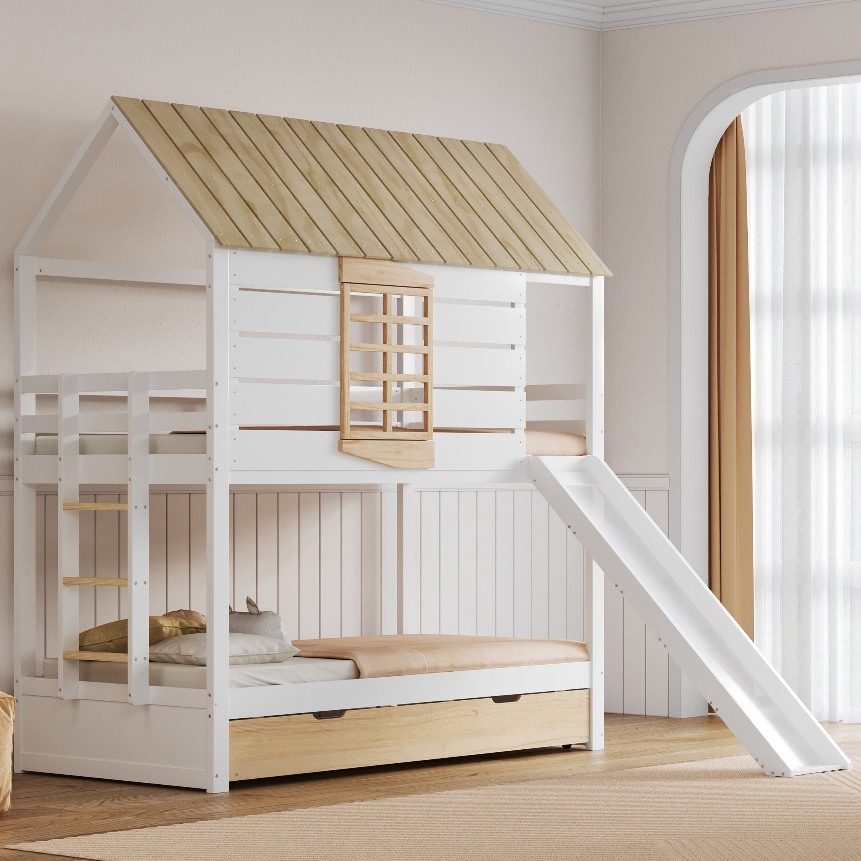 Łóżka piętrowe 2 x 90 x 200 cm ze zjeżdżalnią i łóżkiem wysuwanym - MDF + sosna - Białe i naturalne (Materace nie są wliczone w cenę)