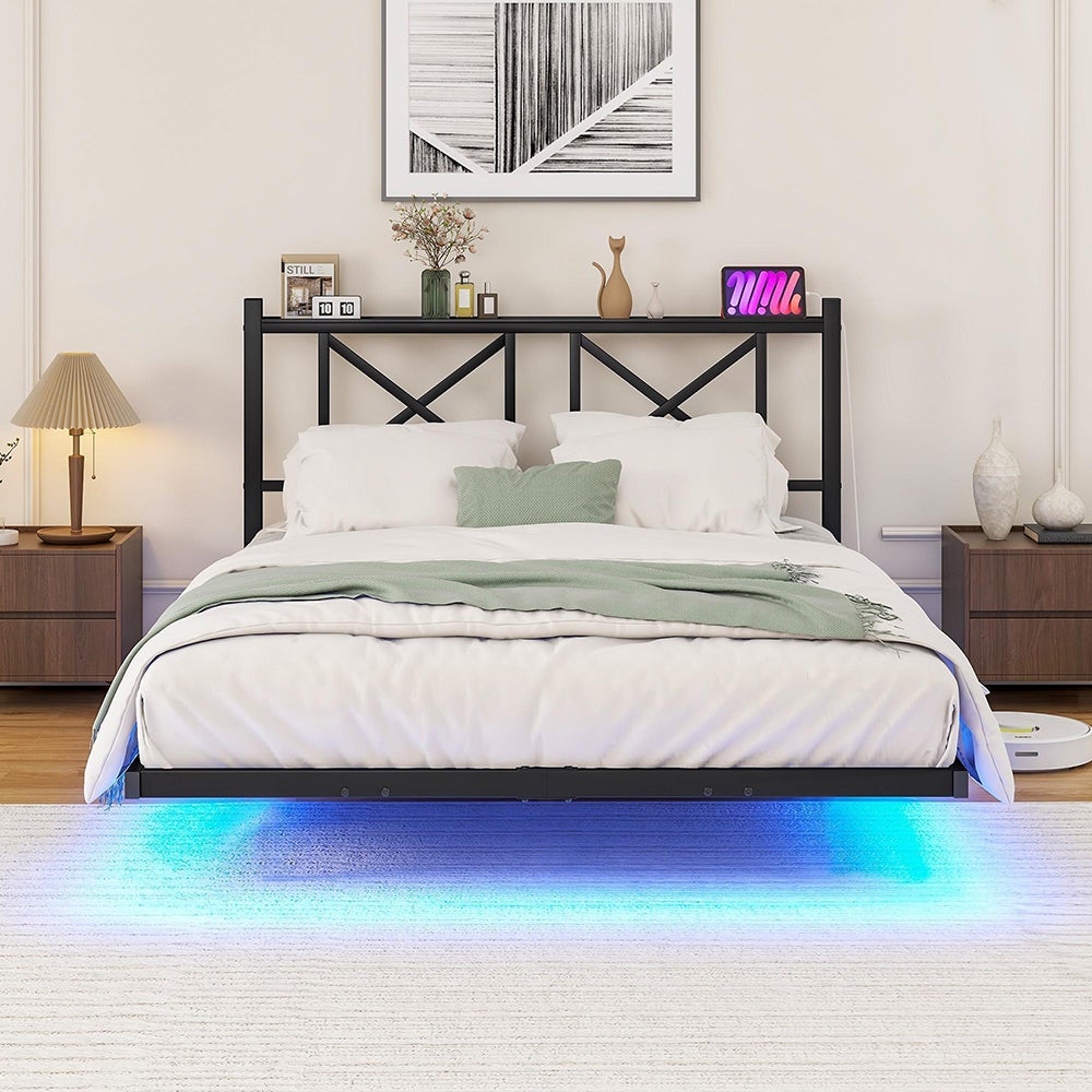 Rama łóżka podwójnego z oświetleniem LED i stacją ładującą z zagłówkiem, zawieszona rama łóżka, metal - 120 x 200 cm