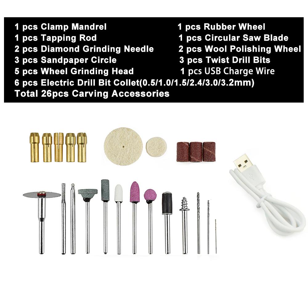 Mini perceuse électrique multifonction USB 10W, outil rotatif 3 vitesses avec 25 accessoires pour polissage, gravure, perçage, ponçage - 6