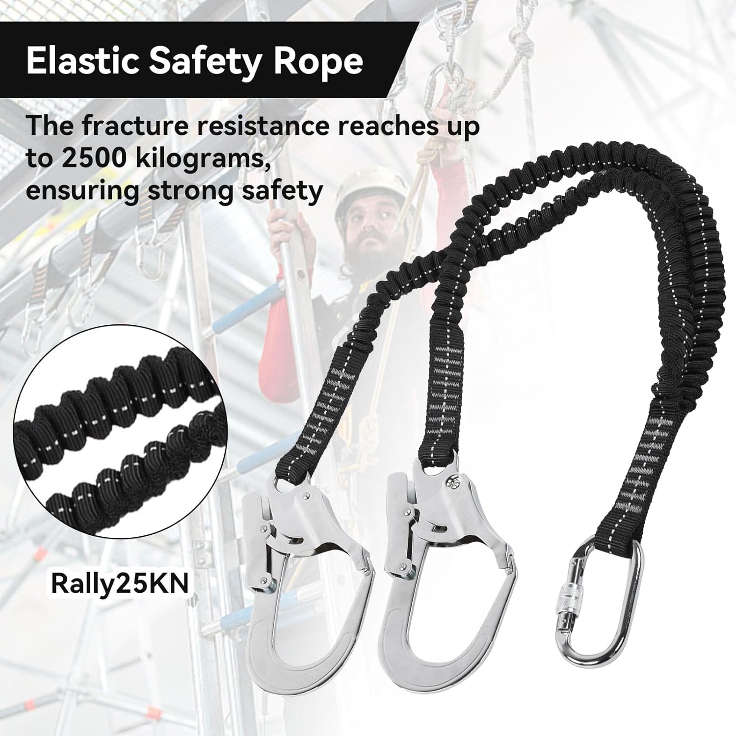 80-140 cm Harnais de sécurité crochet élastique, 25KN Double grand crochet en acier longe de sécurité absorbant les chocs Antichute extérieur - 3