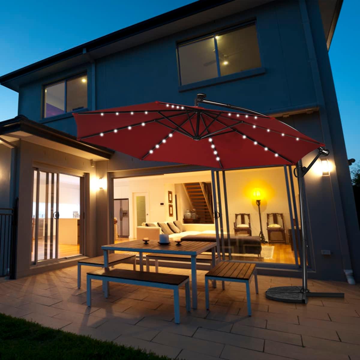 COSTWAY Ombrellone Da Giardino Con Luci LED Solari, Diametro 3 Metri, Inclinabile, 8 Stecche, Base A Croce, Blu, Protezione UV