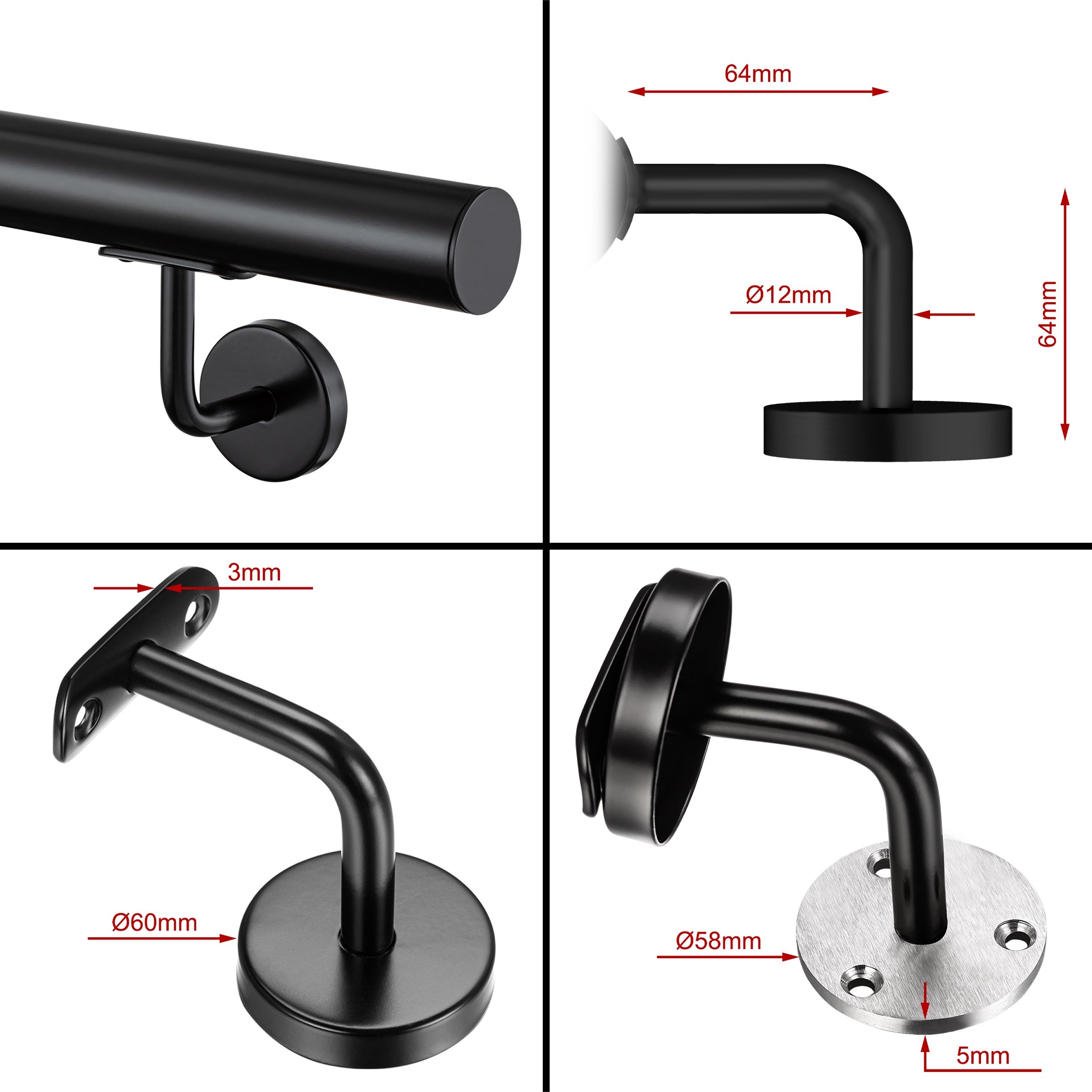 Main courante 180cm, inox 304, Noir mat, rampe d'escalier ronde, Ø42.4mm, avec 2 supports muraux, intérieur & extérieur - 3