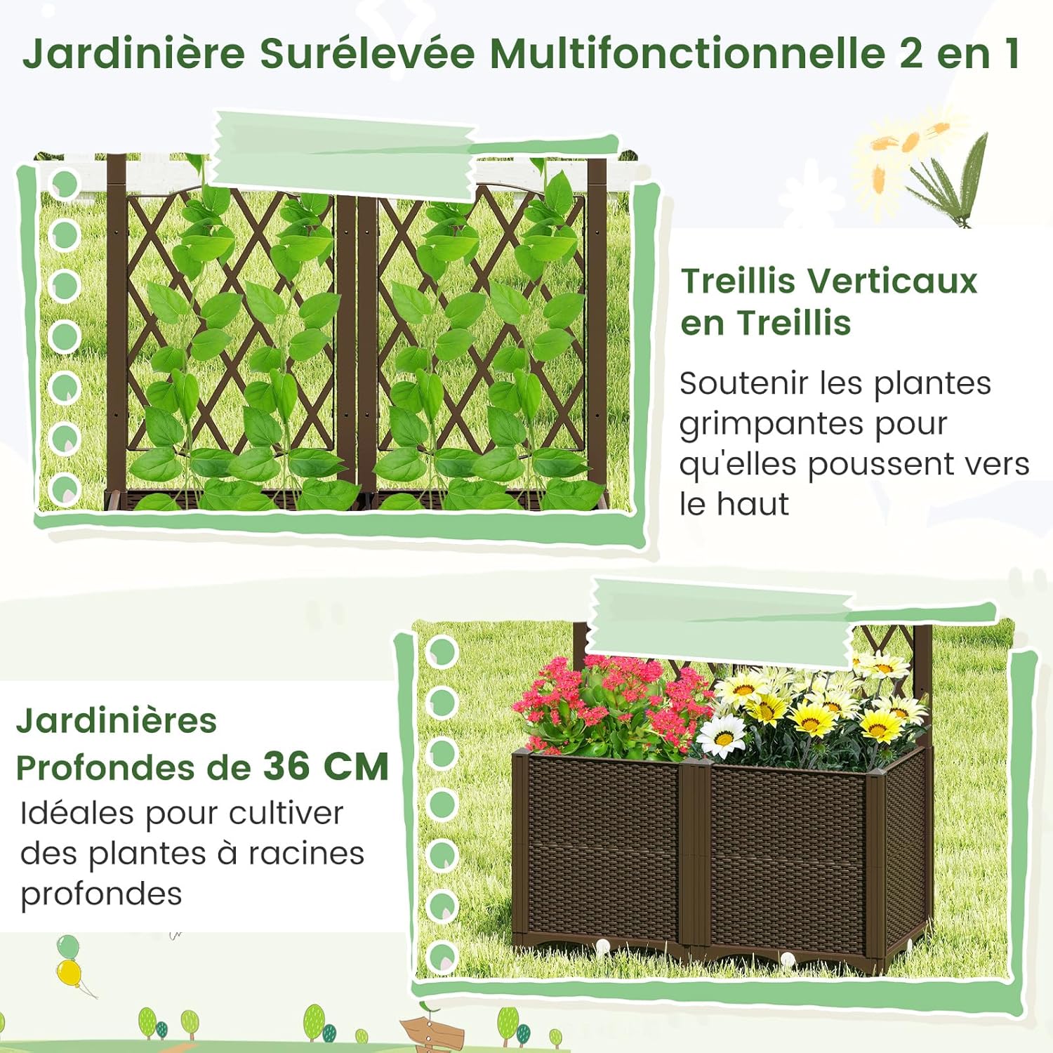 Donica z kratką na nóżkach, podwójna donica z automatycznym nawadnianiem, wykonana z rattanu PP, z otworem drenażowym, kwiaty, kawa, 80 x 40 x 140 cm - 4