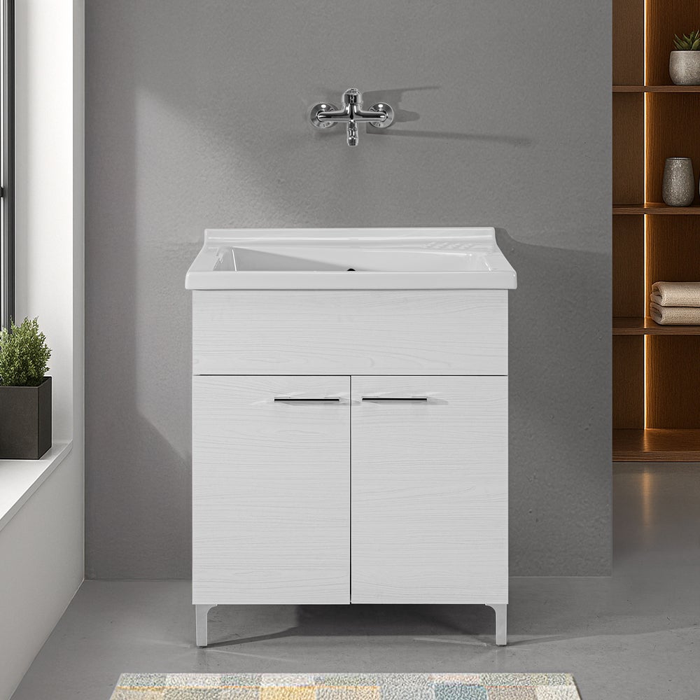 Mobile lavatoio 75x60cm bianco frassino con due ante e vasca in ceramica Revine - 6