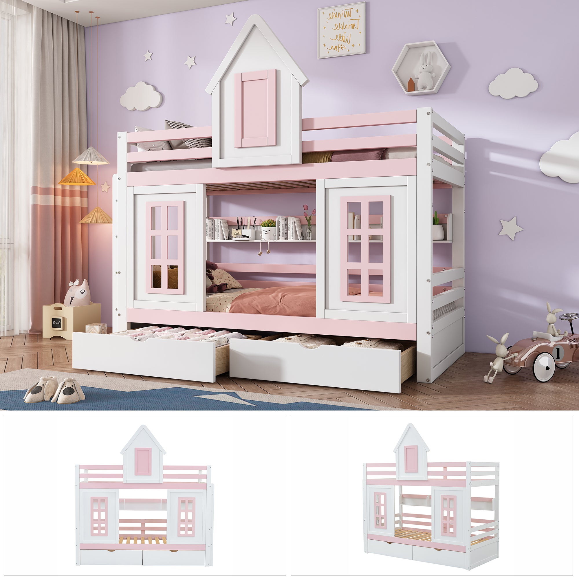 Letto a castello, letto per bambini con tetto e finestra, con sponda di sicurezza, due cassetti con rotelle, ripiano aperto, pino + MDF, bianco + rosa - 6