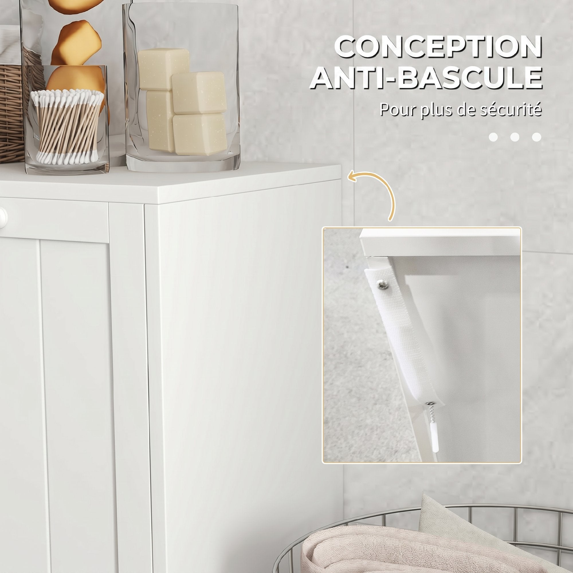 Meuble salle de bain avec panier à linge - kleankin - 2 portes et 2 paniers - bois - 66x33x68cm - blanc - 6