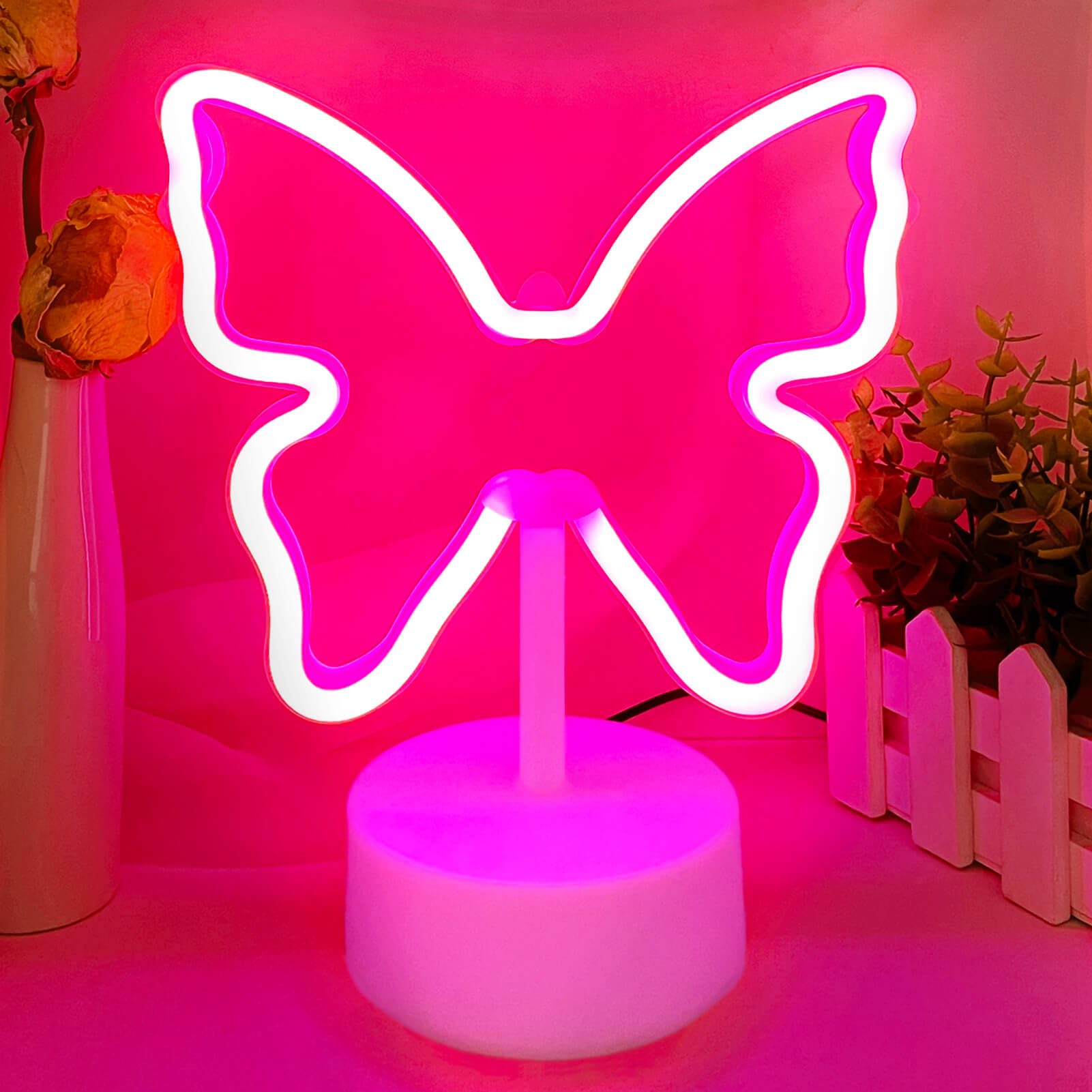 Różowa lampka stołowa motyl, dekoracyjna lampka nocna LED, zasilana baterią + podwójne zastosowanie USB